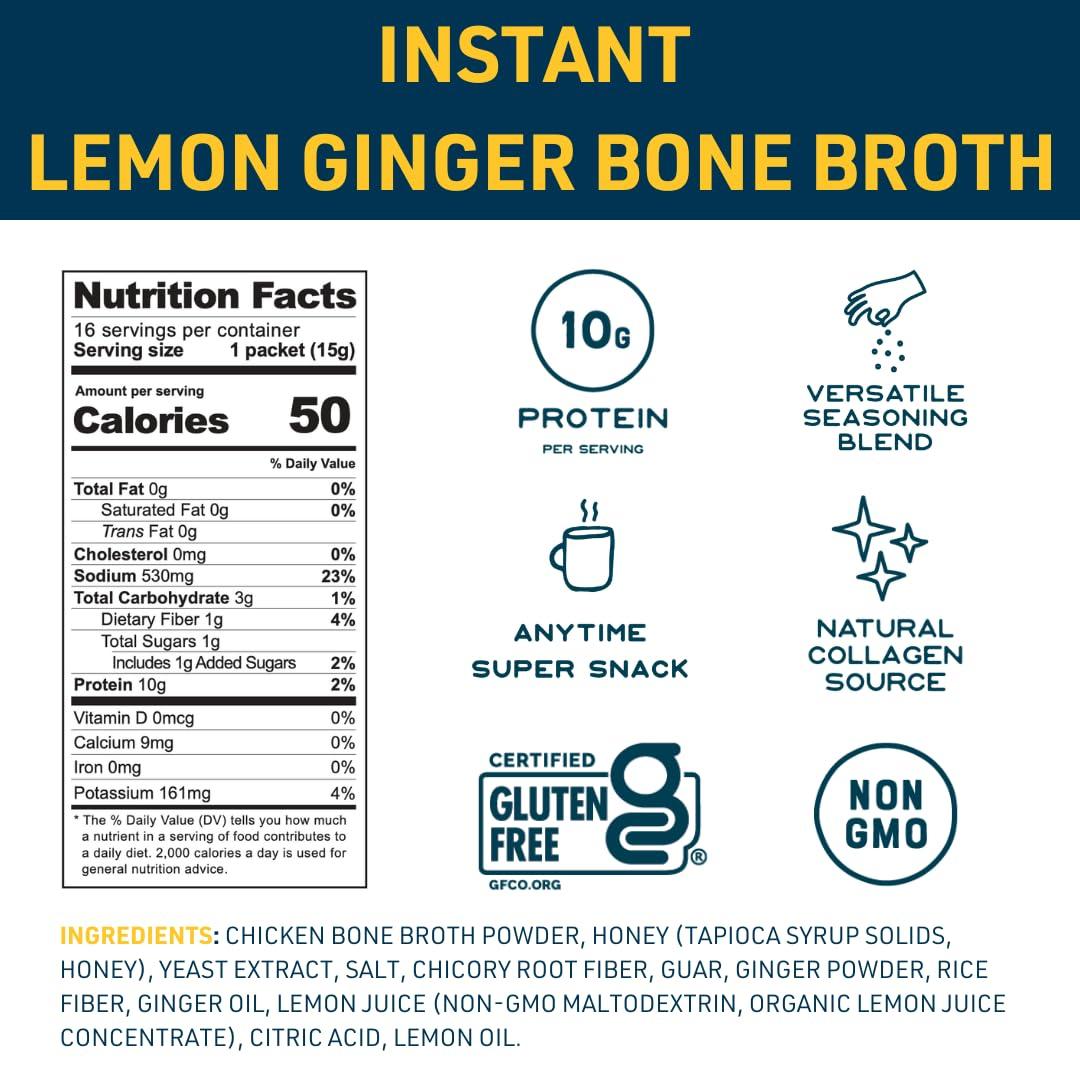 Bare Bones Bare Bones Bone Broth Instant Powdered Mix, Lemon Ginger, Pack of 8, 15g Sticks, 10g Protein, Keto & Paleo Friendly Bone Broth Packets
