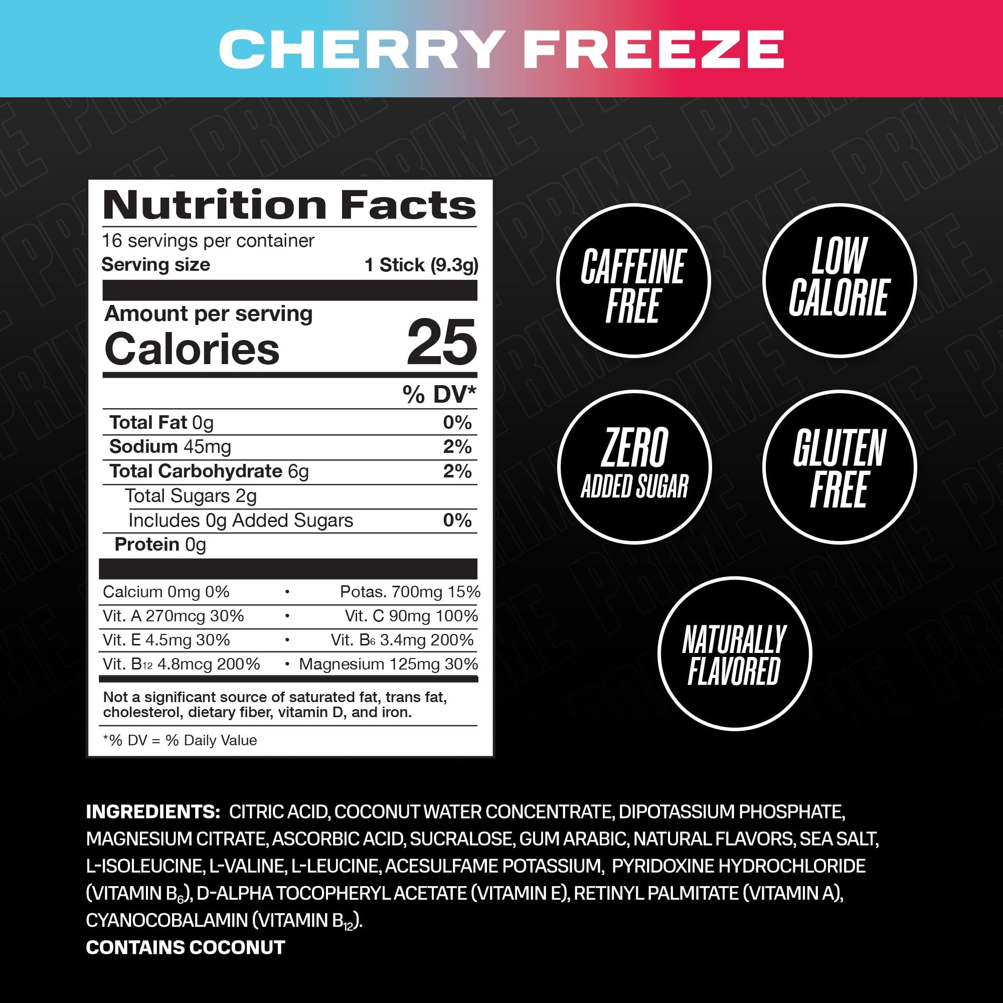 PRIME HYDRATION PRIME HYDRATION+ Sticks Cherry Freeze | Hydration Powder Single Serve Sticks | Electrolyte Powder On The Go | 250mg BCAAs, B Vitamins, Antioxidants | Low Sugar | Caffeine-Free | Vegan | 48 Sticks