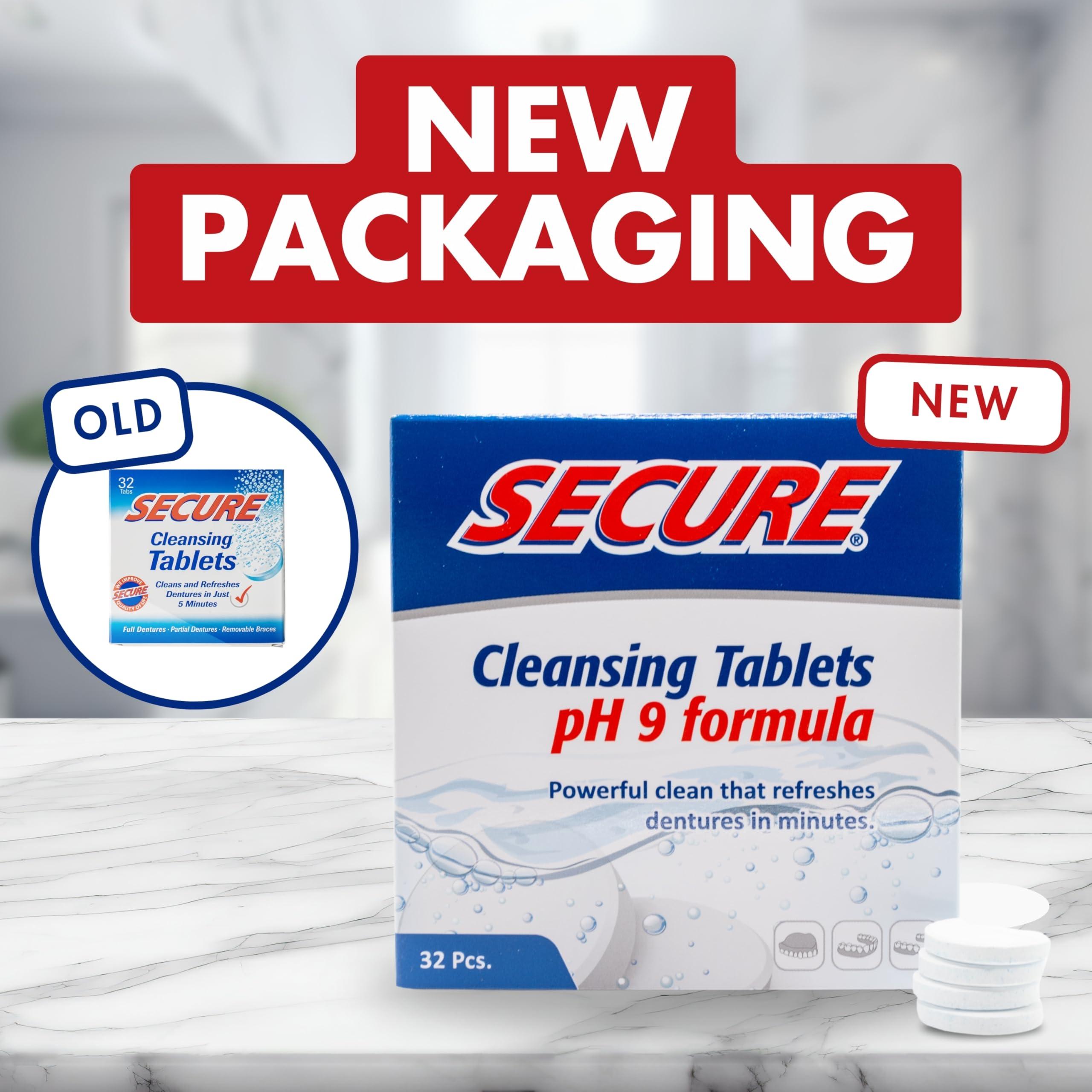 Secure Secure Anti-Plaque Cleansing Tablets PH Formula Removes Odors, Stains, Bacteria, Germs - Deeply Clean Dentures, Partials, Nightguards, Retainers in 5 Minutes - Zinc Free - 32 Tablets (1 Pack)