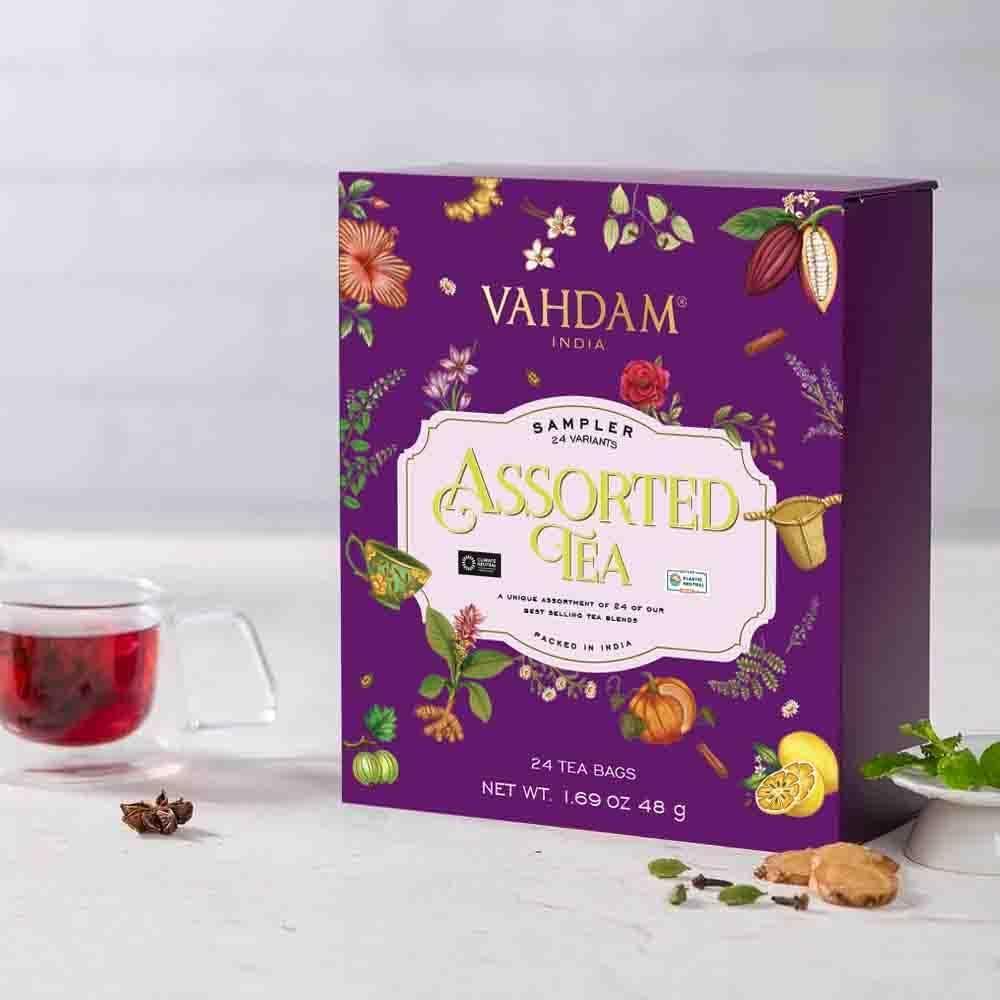 VAHDAM VAHDAM, Assorted Valentines Day Tea Gift Set | Classic Valentine Day Gift Box - 24 Unique Flavor in Individually Wrapped Pyramid Tea Bags | Valentines Day Gifts for Women & Men