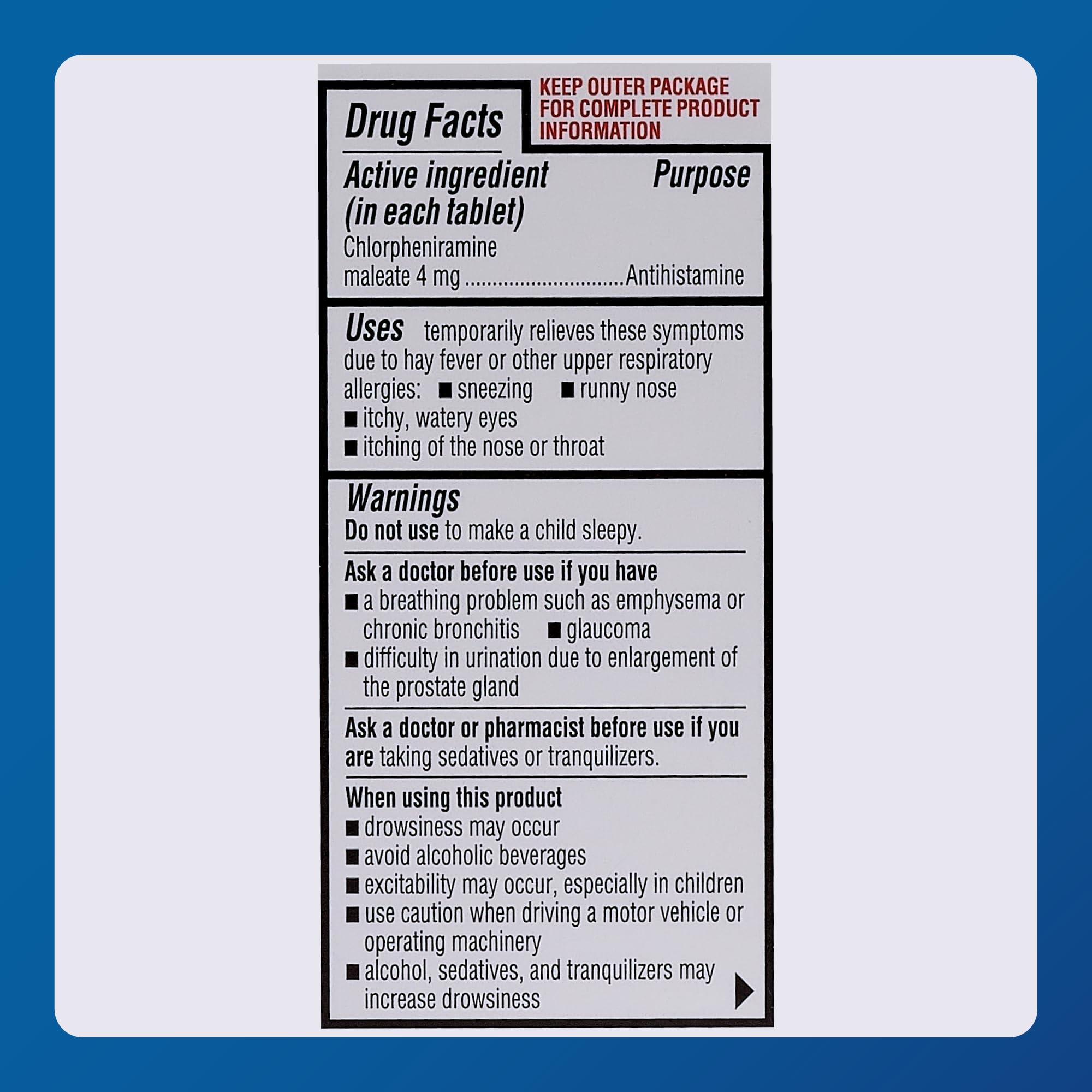 MAJOR Major Chlorpheniramine 4 Mg Tabs - Chlorpheniramine Maleate 4-Hour Allergy Medicine Tablets - Antihistamine for Sneezing, Itchy and Watery Eyes, Itchy Throat, Runny Nose - 100 Tablets per Bottle