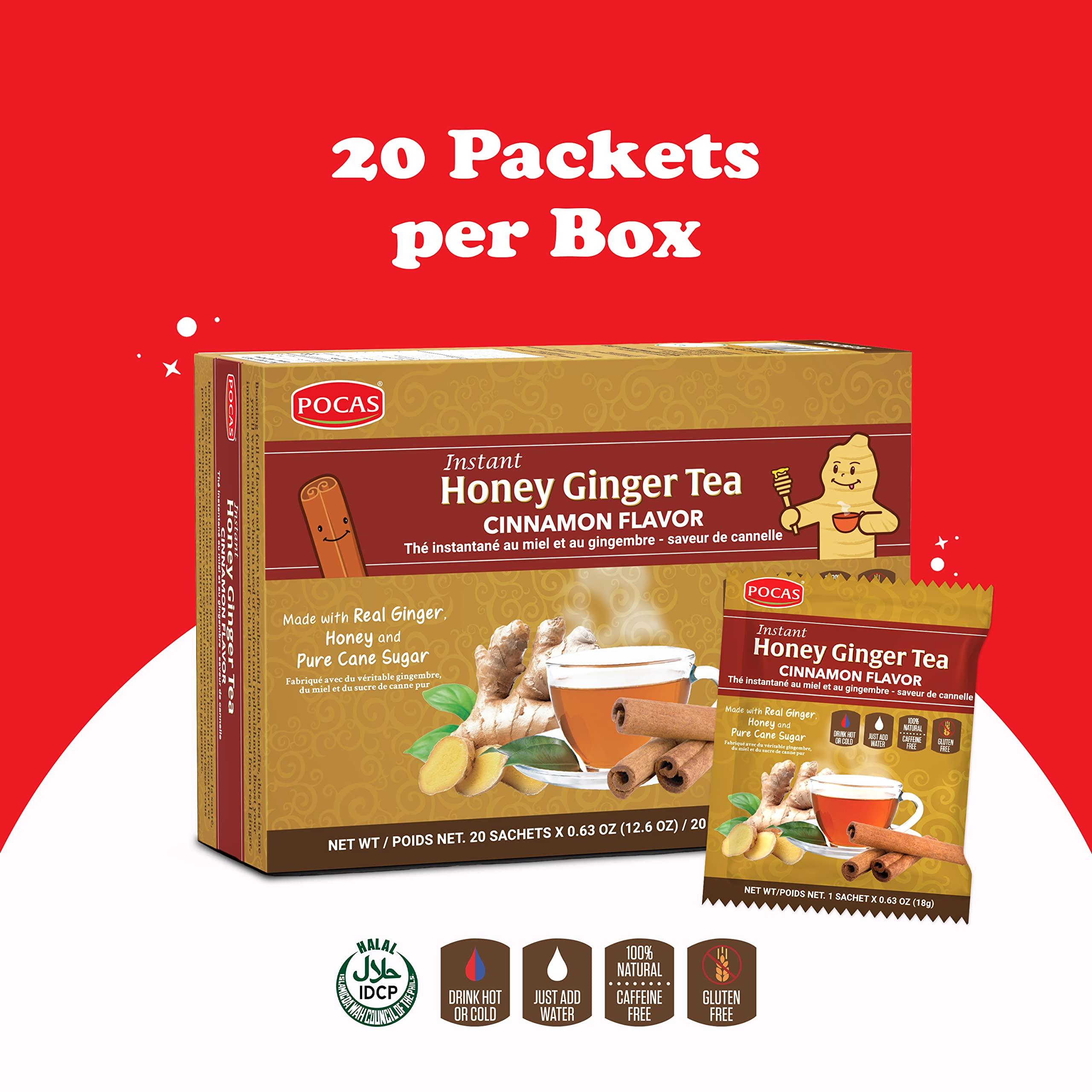Pocas Pocas Honey Ginger Tea - Instant Tea Powder Packets with Cinnamon & Ginger Honey Crystals Tea, Non-GMO/Gluten Free/Caffeine Free Tea, 20 Count