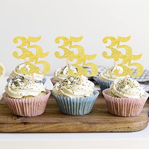 ZHUOWEISM 30 PCS Number 35 Cupcake Toppers Glitter Cheers to 35 years Old Birthday Cupcake Picks 35th Birthday Wedding Anniversary Party Cake Decorations Supplies Gold