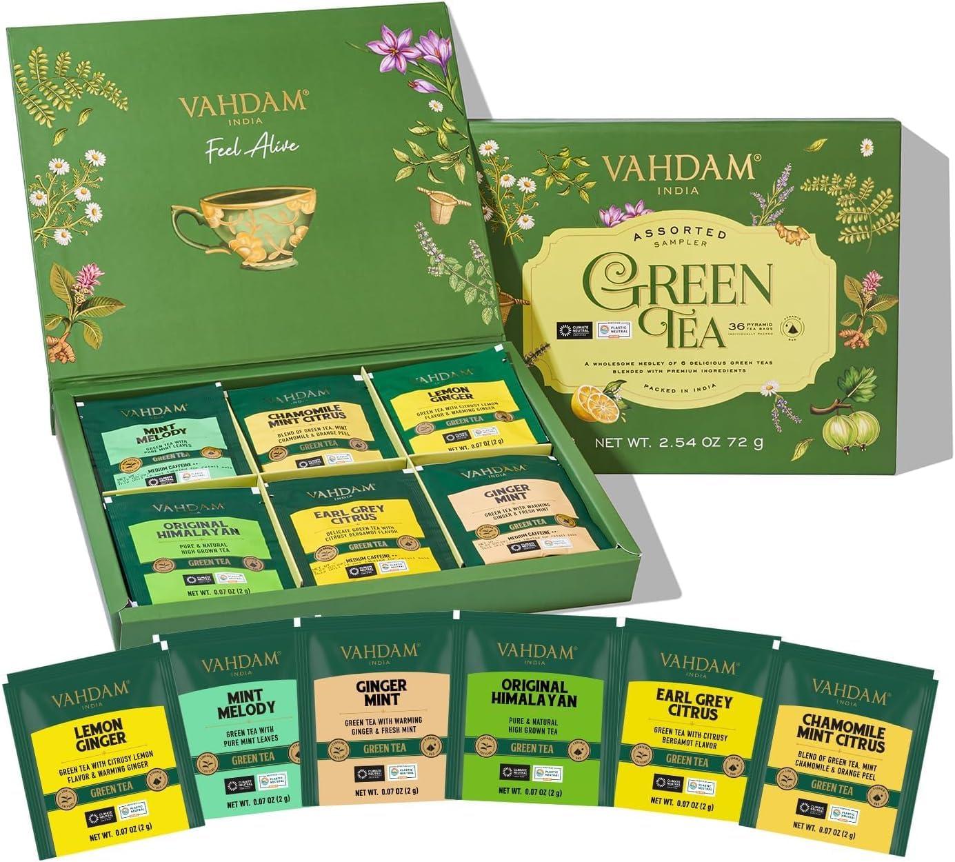 VAHDAM VAHDAM, Green Tea Variety Pack Sampler Assortment (60 Pyramid Tea Bags, 6 Flavor) | Non-GMO Project Verified Premium Tea with No Artificial Ingredients