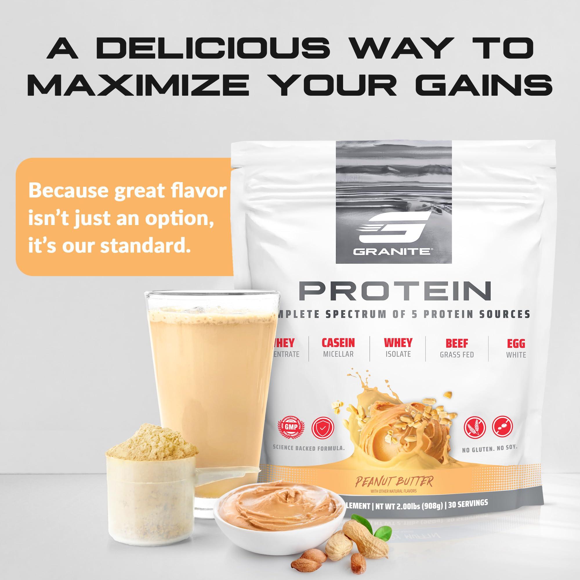 Granite Supplements Granite Protein Powder Whey Isolate & Concentrate, Peanut Butter Flavor, Casein for Muscle Building & Workout Recovery with 23g Protein from 5 Sources (30 Servings)
