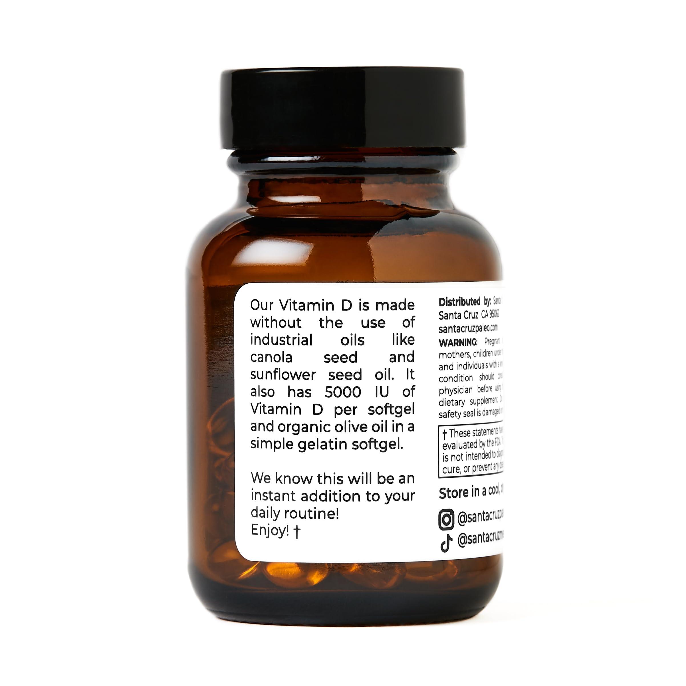 Santa Cruz Paleo Santa Cruz Paleo Vitamin D Supplement, Bone Health & Immune Support, 5000 i.u. Per Softgel, Gluten Free, Keto, Sugar Free, Paleo, Vitamin D3, Olive Oil for Absorption, Natural Ingredients, 60 Softgels