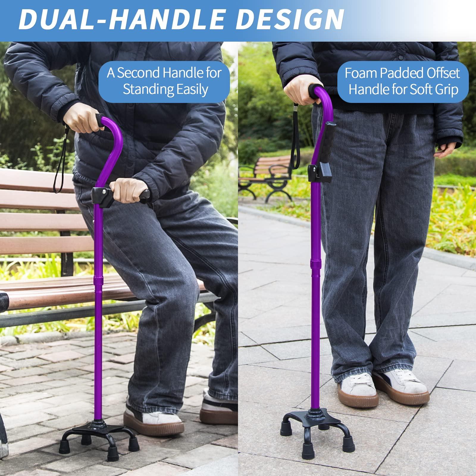 KingPavonini Adjustable Walking Cane for Men & Women with 4-Pronged Base for Extra Stability - Foldable Cane for Seniors with Foam Padded Offset Handle for Soft Grip & a Second Handle for Standing