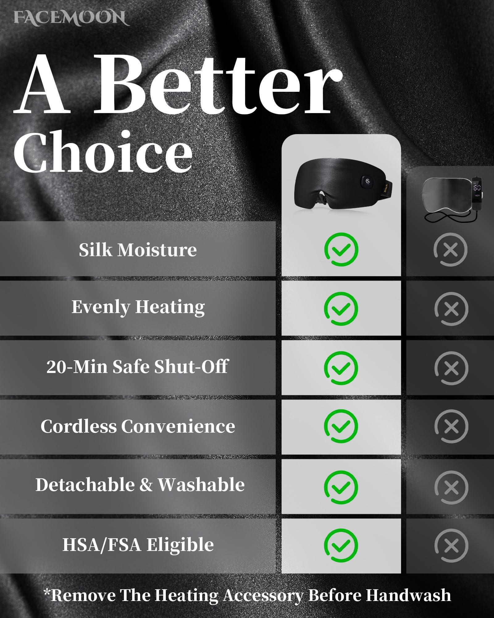 FACEMOON Heated Eye Mask for Dry Eyes - Silk Cordless Warm Eye Compress Moist Heat, FSA HSA Eligible, Eye Heating Pad for Dry Eyes, Stye Treatment, Eye Strain, Travel, Washable, Rechargeable, Black