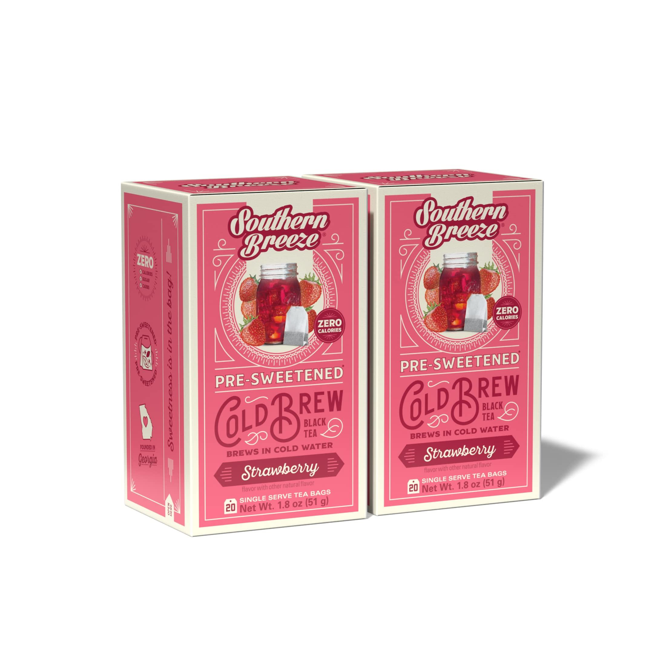 Southern Breeze Southern Breeze Cold Brew Sweet Tea Strawberry Iced Tea with Black Tea and Zero Carbs Zero Sugar, 20 Individually Wrapped Tea Bags (Pack of 2) Southern Sweet Tea Iced Tea Beverage