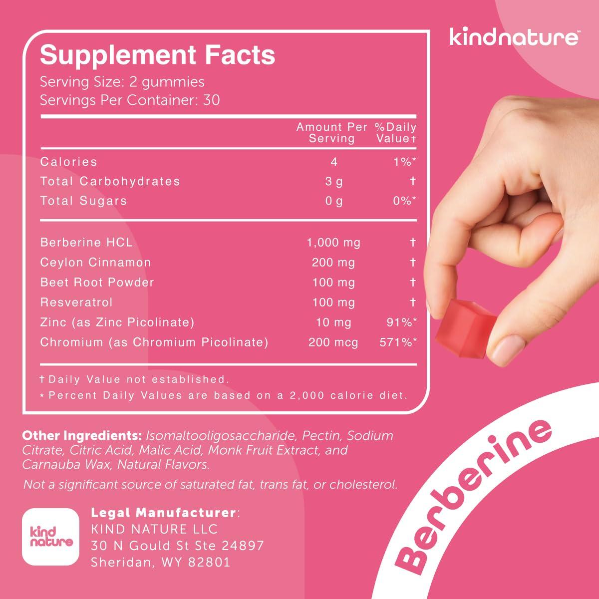 kindnature Kind Nature 1000mg Berberine Gummies - Sugar Free Natural Berberine Supplement Gummies with Ceylon Cinnamon & Beet Root - Non GMO, 3rd Party Tested Berberine Complex