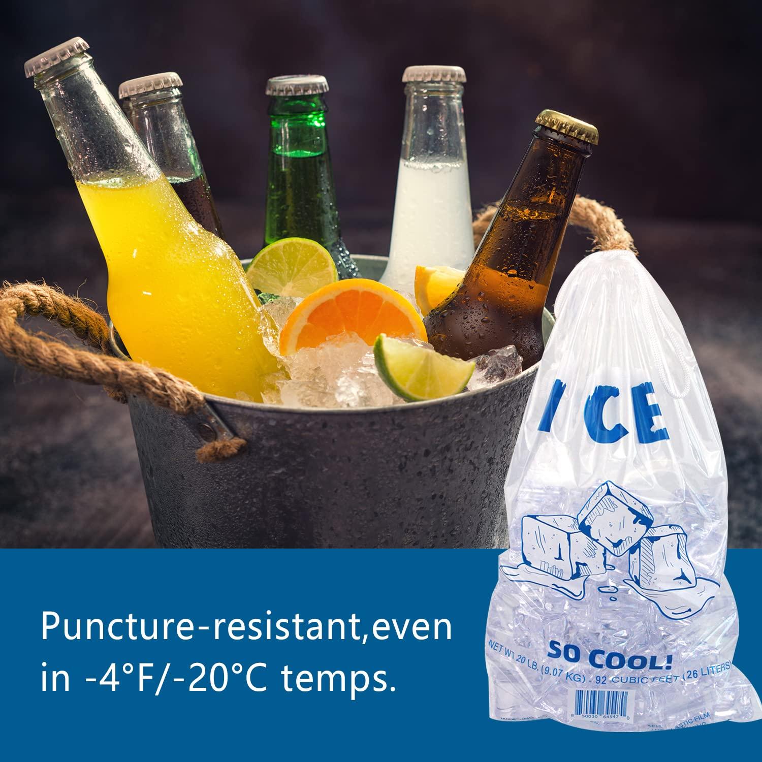 24/7 BAGS 100 Ice Bags, 10 LB Hold Capacity (12\"x20\"), Clear With Drawstrings, BPA-Free, Puncture Resistant, Heavy Duty