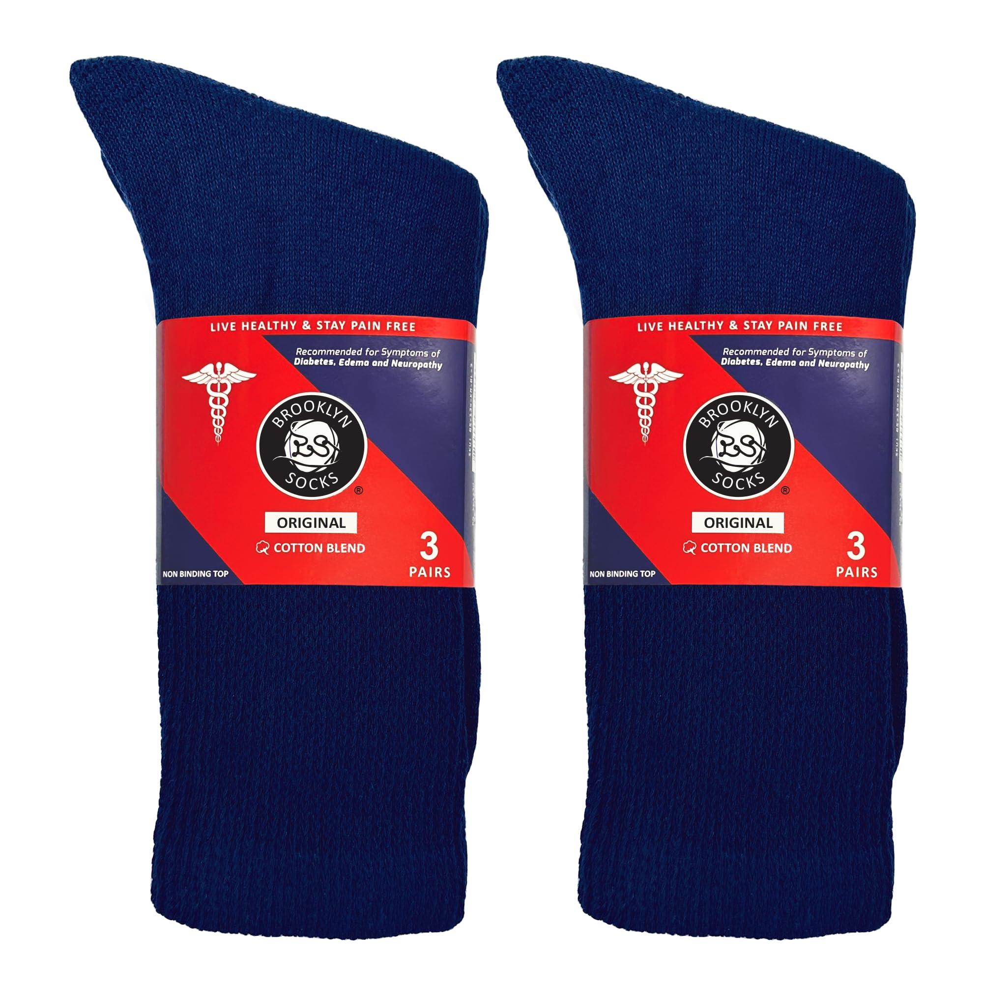 Brooklyn Socks 6 Pairs of Cotton Diabetic Non-Binding Neuropathy Crew Socks (Navy, Fits Mens Shoe Size 12-15/Womens Shoe Size 13-16)
