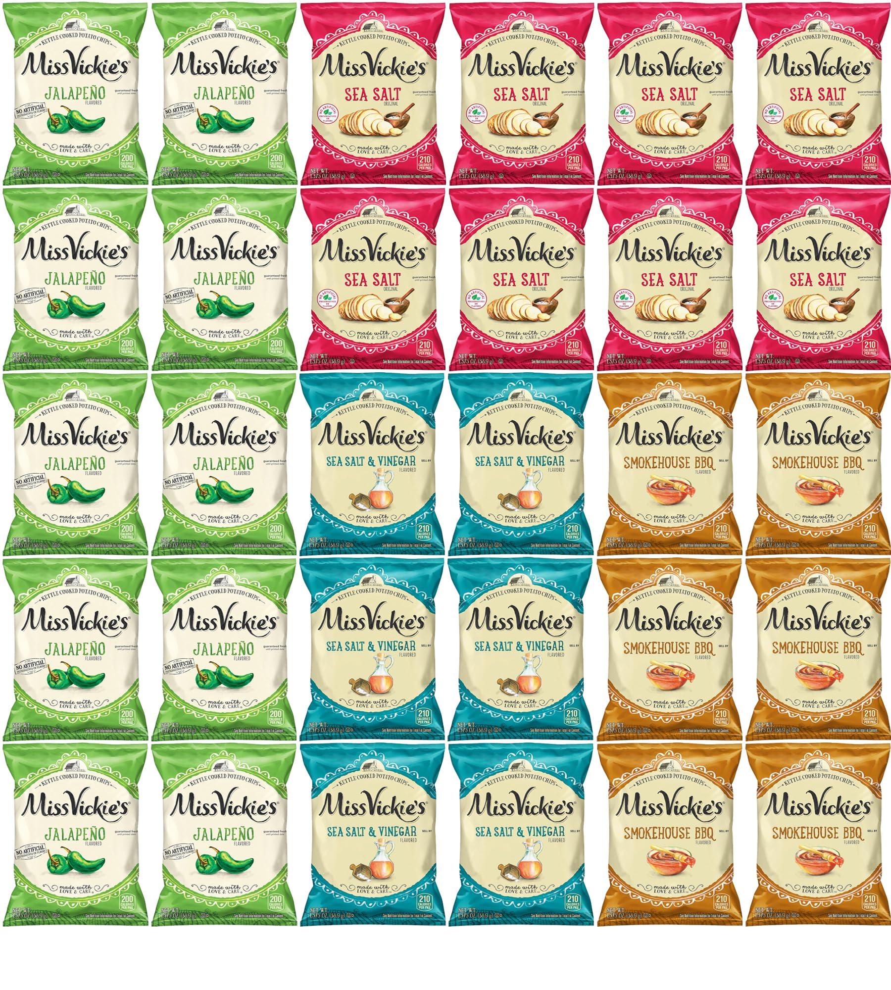 Blunon Miss Vickie Potato Chips Variety Pack - Kettle Cooked Bulk Assortment - Care Package Gift Box (30 Count)