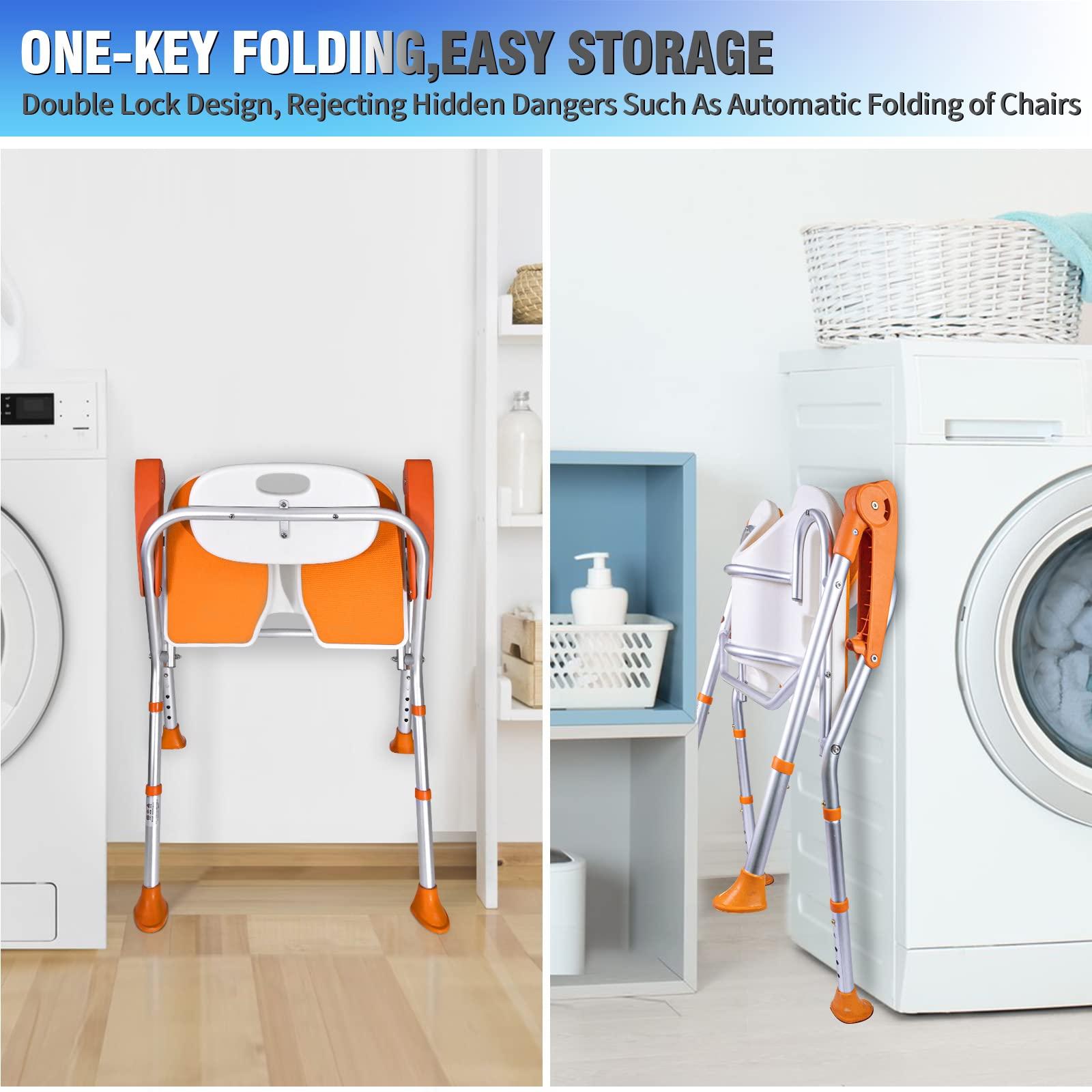 Felstar Shower Chair with Arms and Back 350 LB, Folding Shower Chair 5-Level Adjustable, Non-Slip Feet Shower Seat Cutout for Private Washing,for Elderly,Disabled, Seniors & PregnantHeavy Duty Shower Chair