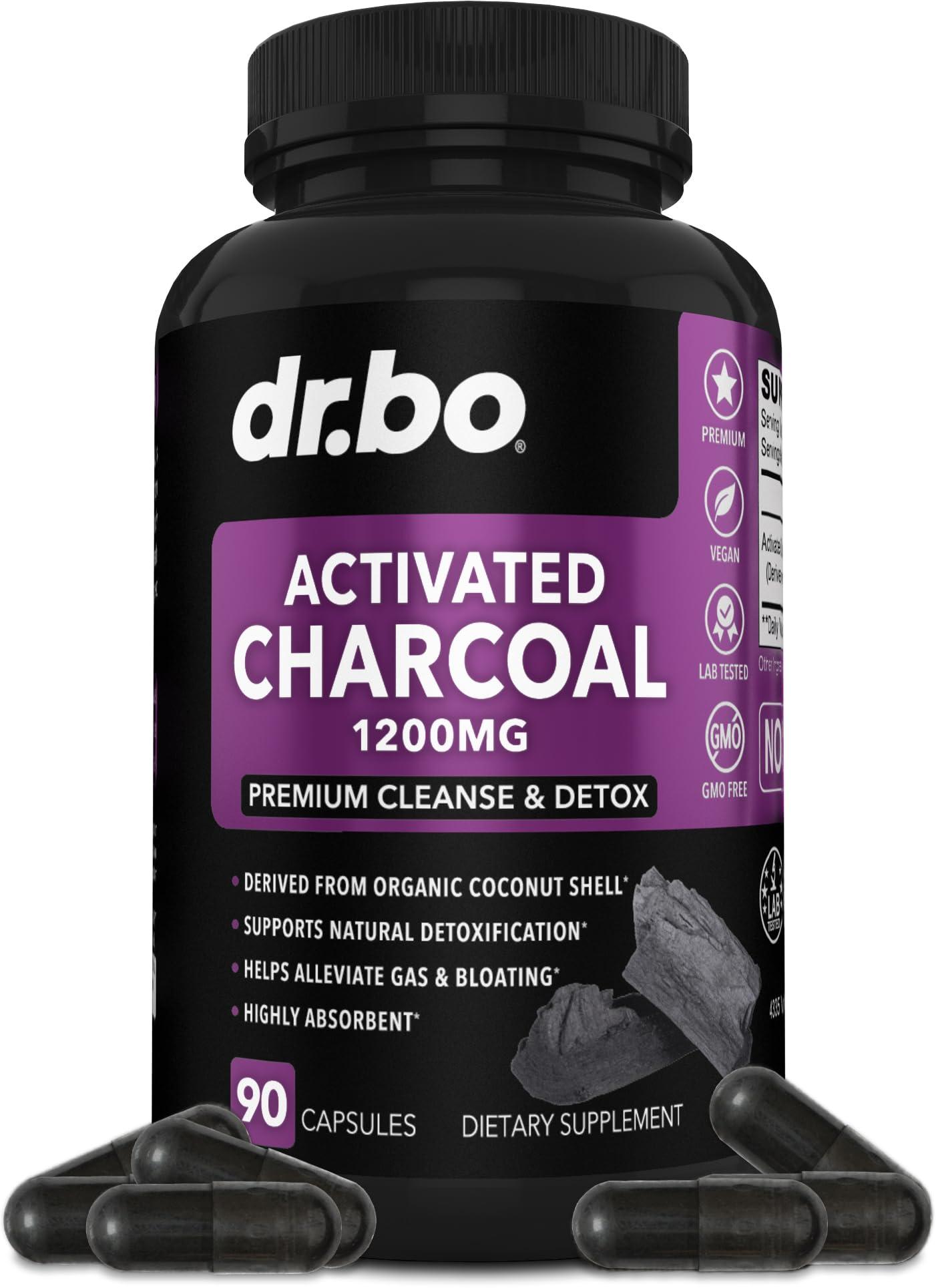 DR. BO Activated Charcoal Capsules Cleanse Detox - 1200mg Organic Coconut Charcoal Pills for Stomach Gas and Bloating Relief for Men Women Kids - Active Capsules Powder Binder Activated Supplements for Gut