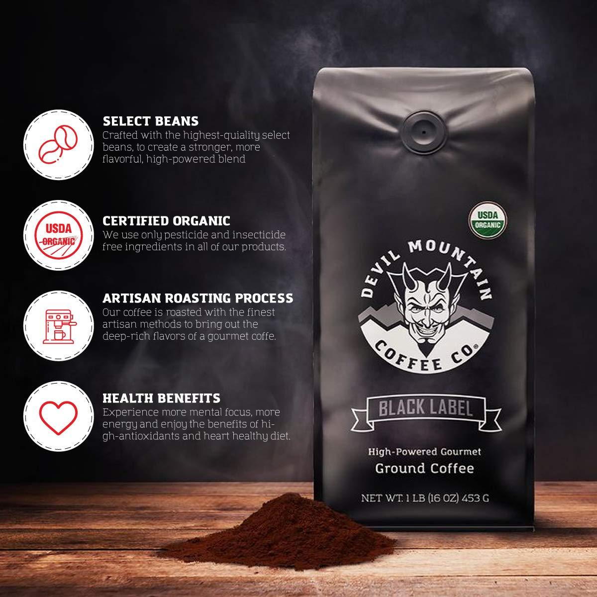 Devil Mountain Coffee Devil Mountain Coffee Black Label Dark Roast Whole Bean Coffee, Strong High Caffeine Coffee Beans, USDA Organic, Fair Trade, Gourmet Artisan Roasted, Strongest Coffee in the World, 16 oz Bag