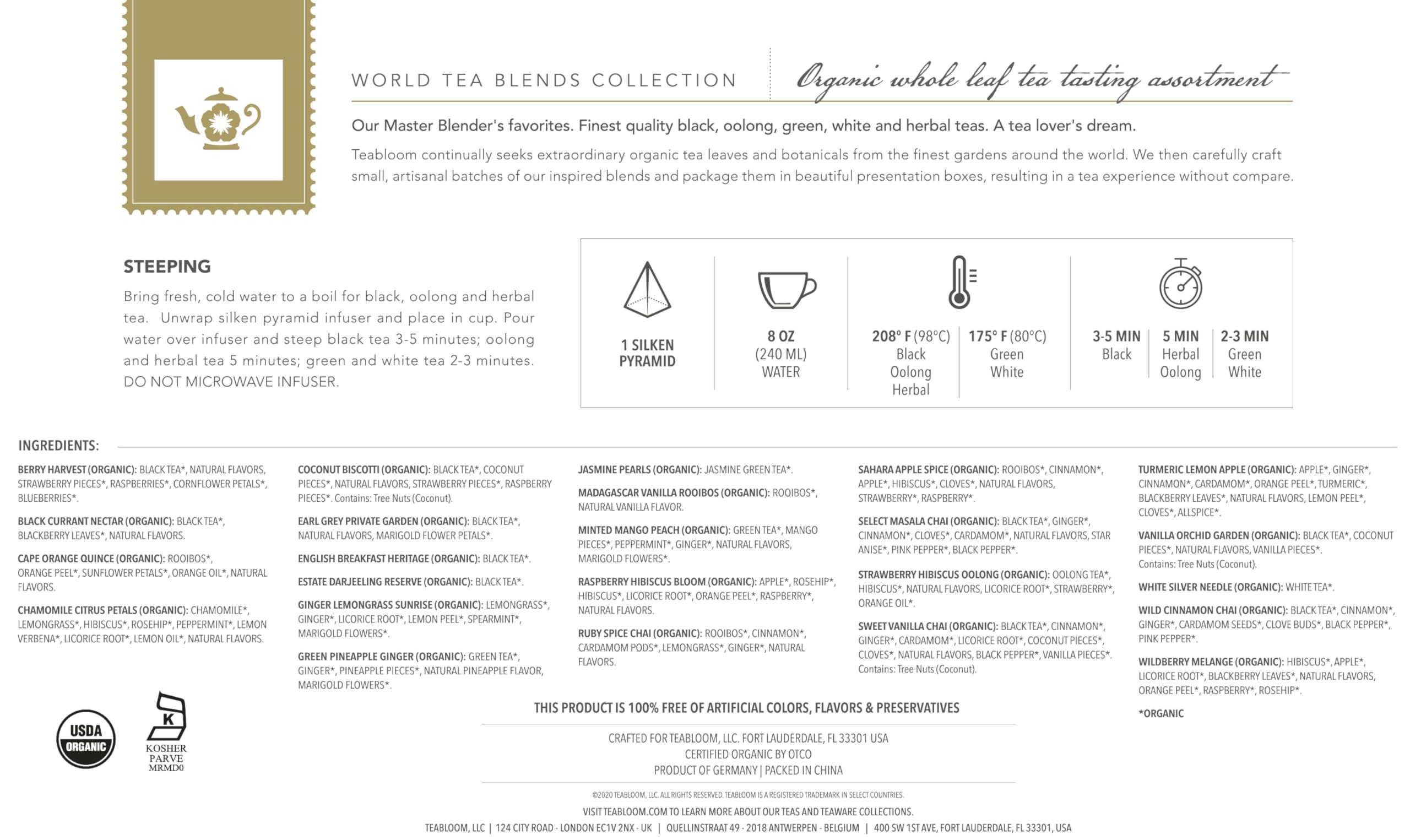 Teabloom Teabloom - World\'s Finest Pyramid Tea Collection, 24 Varieties of USDA Certified Organic Teas - Black Tea, Green Tea, White Tea, Oolong Tea, and Herbal Tea Blends