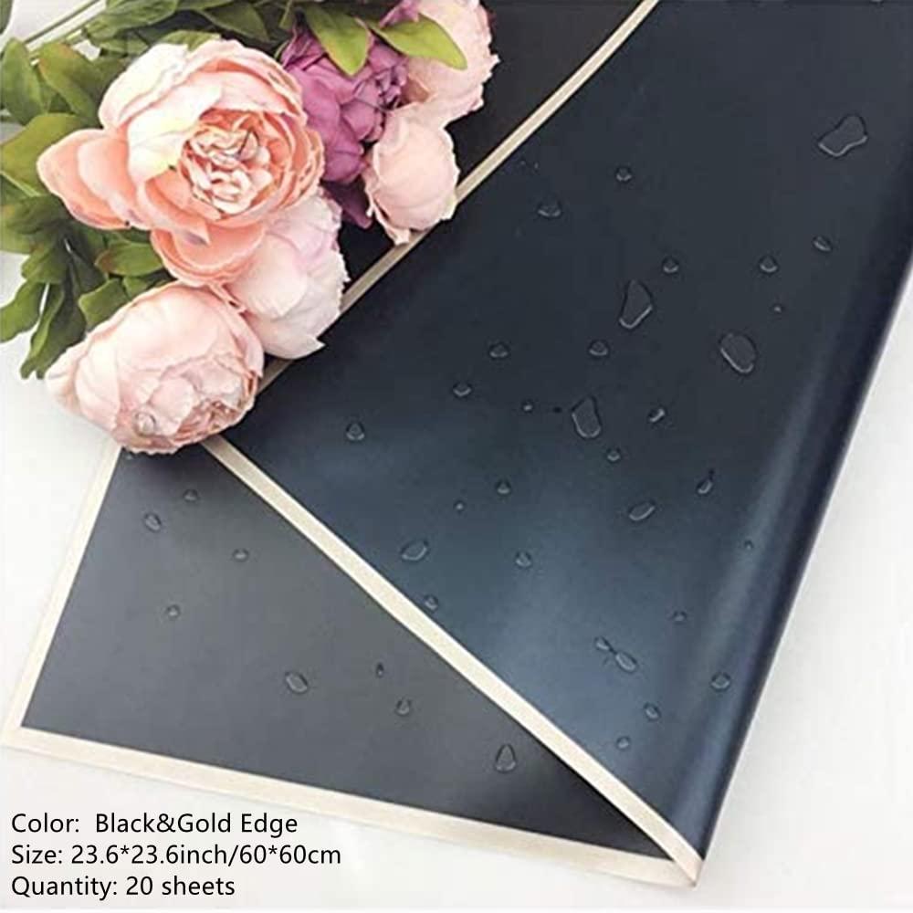 NatureMan 20 Sheets Gold Edge Flower Wrapping Paper Florist Bouquet Supplies Waterproof Thicken Floral Wrapping Paper Gift or Gift Box Packaging Paper 23 x 23 inch (Black&Gold Edge)