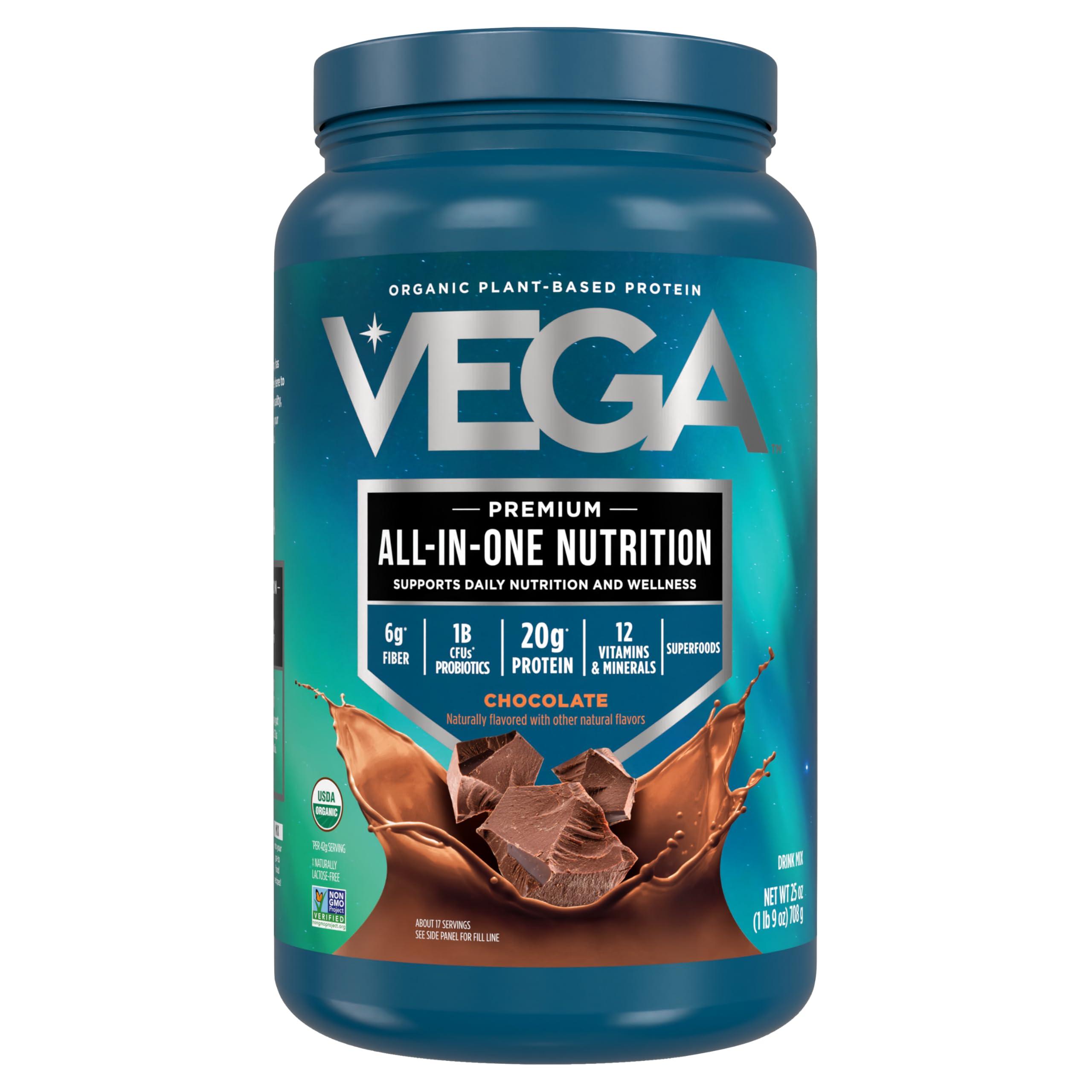 Vega Vega Organic All-in-One Vegan Protein Powder, Chocolate - Superfood Ingredients, Vitamins for Immunity Support, Keto Friendly, Pea Protein for Women & Men, 1.6 lbs (Packaging May Vary)