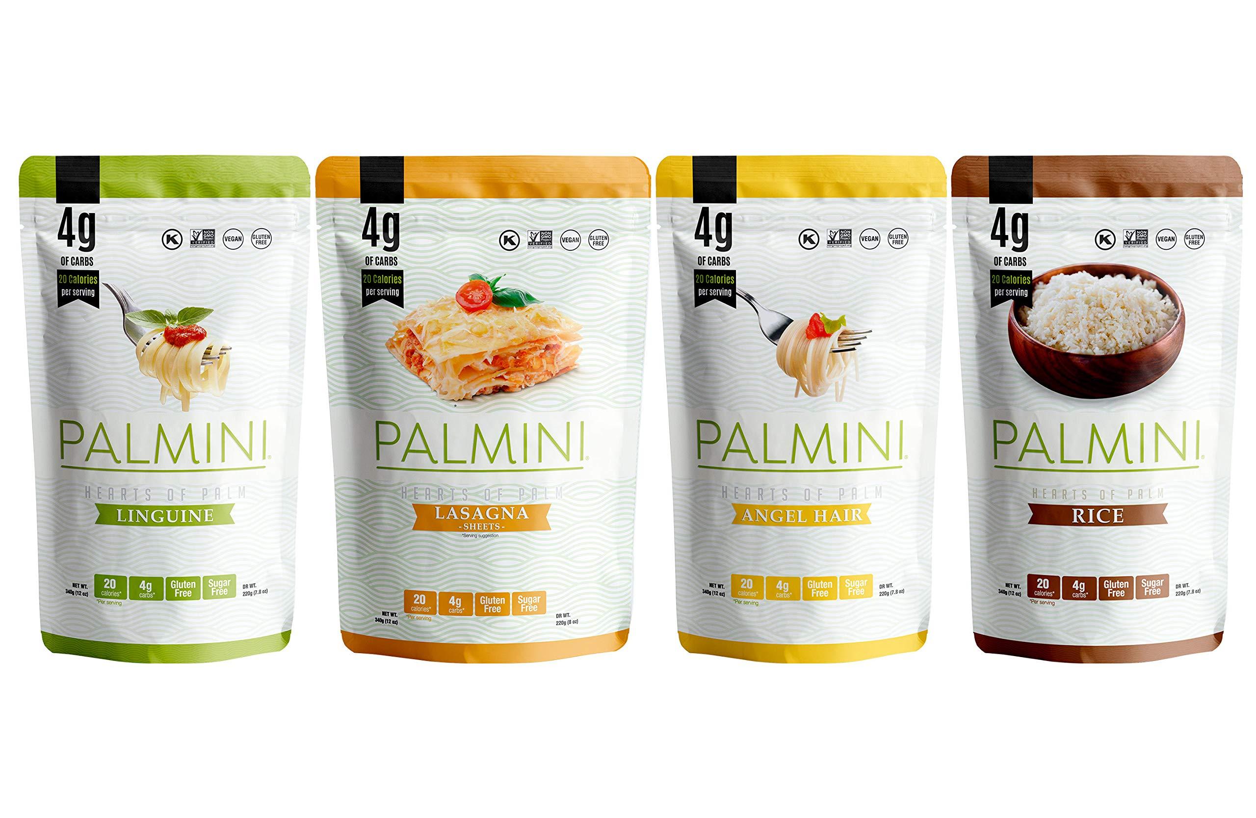 Palmini NEW !! Palmini Pouch VARIETY PACK | Linguine | Angel Hair | Lasagna | Rice | 4g of Carbs | As Seen On Shark Tank | Gluten Free (12 Ounce (Pack of 4))