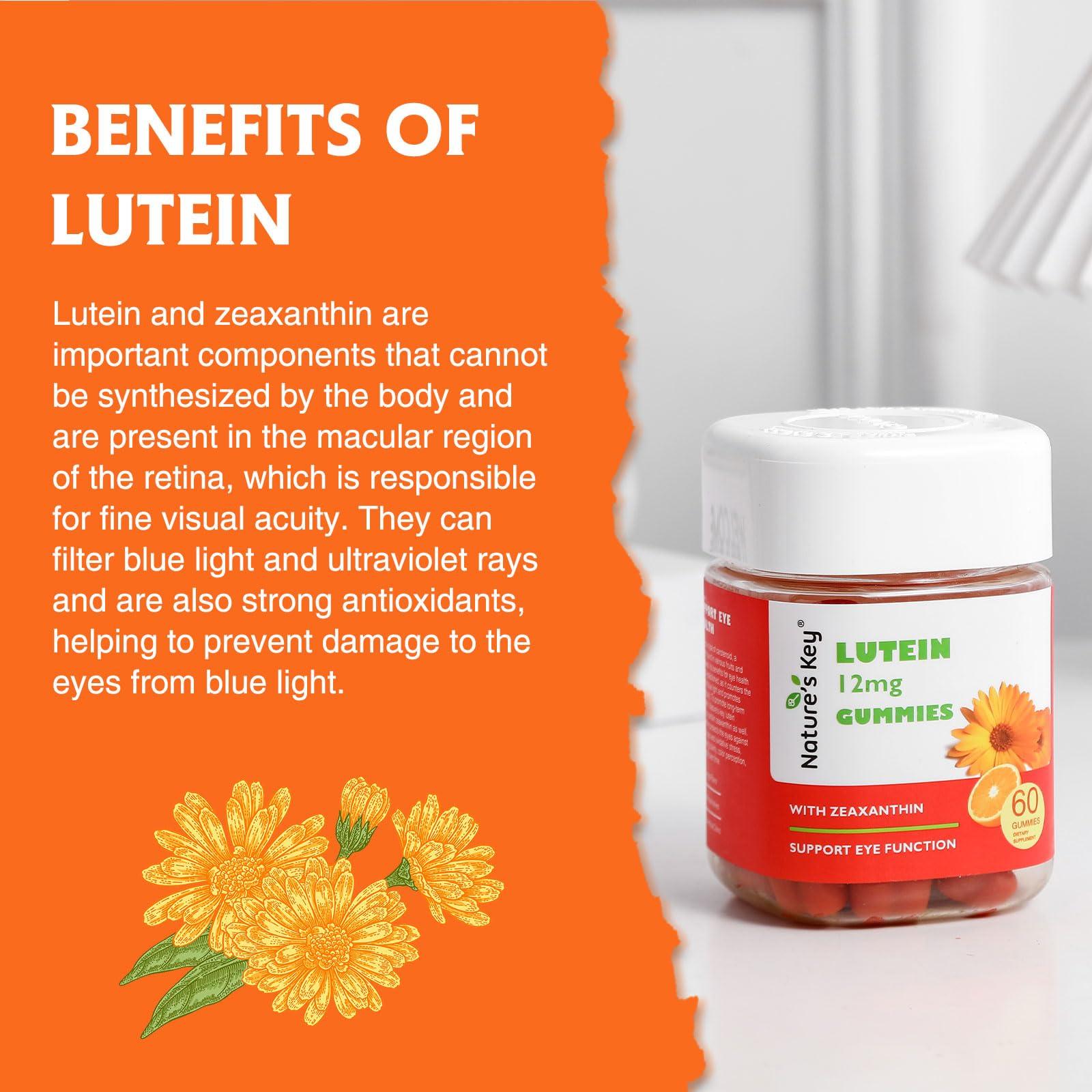 Nature\'s Key Nature\'s Key Lutein Gummies 12mg with Zeaxanthin & Vitamin A for Kids and Adults | Eye Health and Brain Function Supplement | Orange Flavor, 60Ct