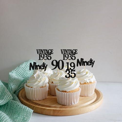 Rsstarxi Rsstarxi 24 Pack 90th Birthday Cupcake Toppers Black Glitter Vintage 1933 Cupcake Picks Ninety Cheers to 90 Years Old Birthday Cupcake Topper for Happy 90th Birthday Anniversary Party Cake Decorations