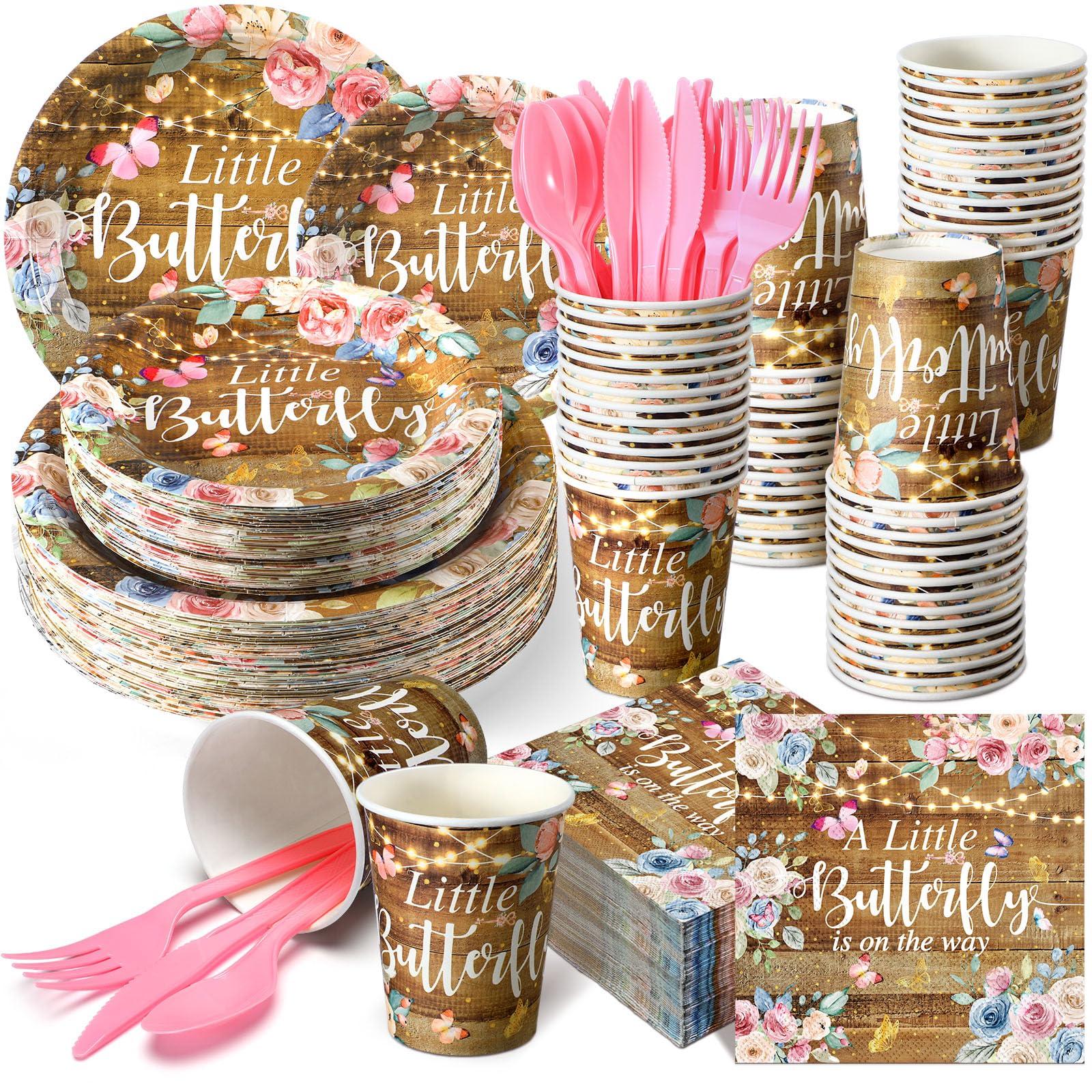 Hsei Hsei 324Pcs A Little Butterfly Is On Her Way Baby Shower Decorations Butterfly Party Supplies Serve 36 Baby Shower Plates Cups and Napkins Sets Wooden Butterfly Party Favors for Baby Shower Birthday