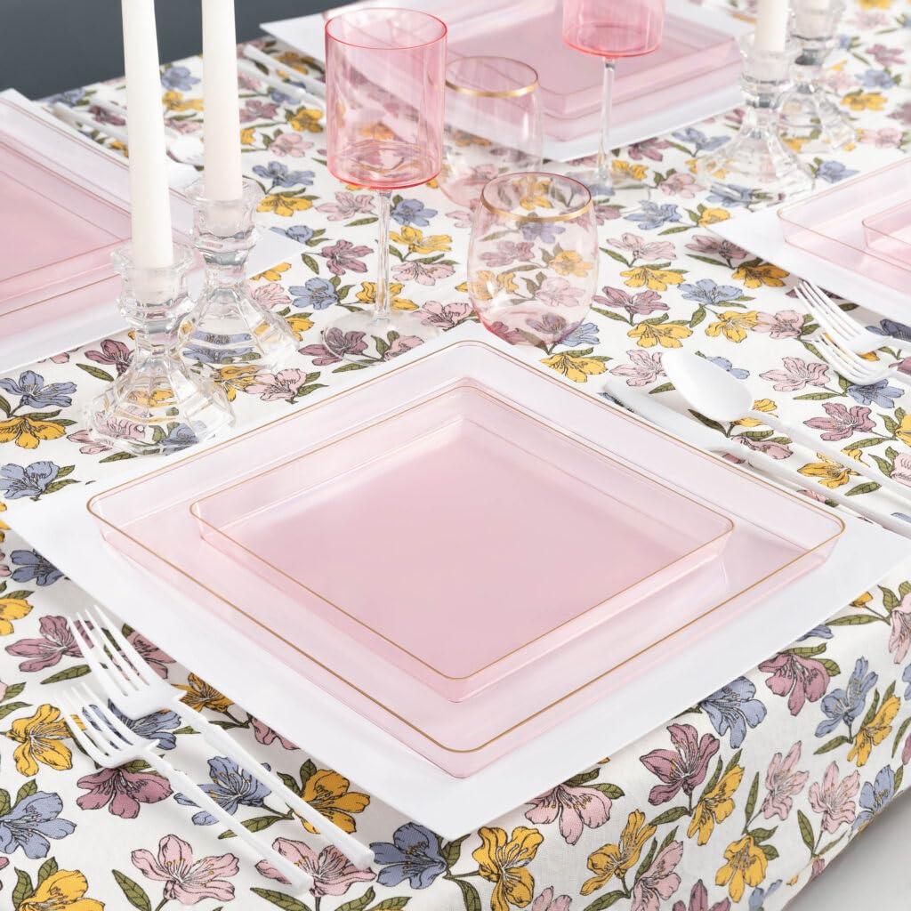 EcoQuality EcoQuality 7.75\" inch Disposable Square Translucent Pink Plastic Plates with Gold Rim, China Like Party Plates, Heavy Duty Dessert Plate, Salads, Weddings, Baby Showers, Catering, Non Toxic (10)