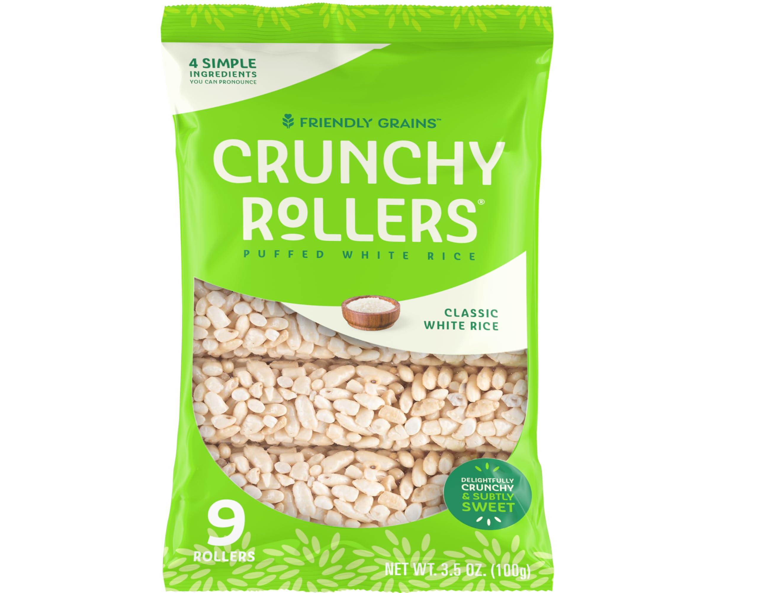 Friendly Grains Classic White Rice Crunchy Rollers - Sweet Rice Snacks, Crispy Puffed Rice Rolls, Healthy Snack Rolls for Adults and Kids - Friendly Grains - 3.5 oz Individual Packs (12 Packs of 8)
