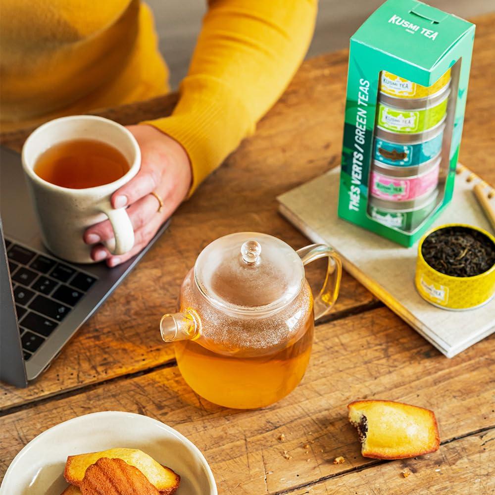 KUSMI TEA Kusmi Tea - Organic Green Tea Variety Box - Gift Idea for Men and Women - Spearmint Green Tea, Jasmine Tea - A Selection of 5 Iconic Flavors - Loose Leaf Tea - 5 Tins of 0,9 oz