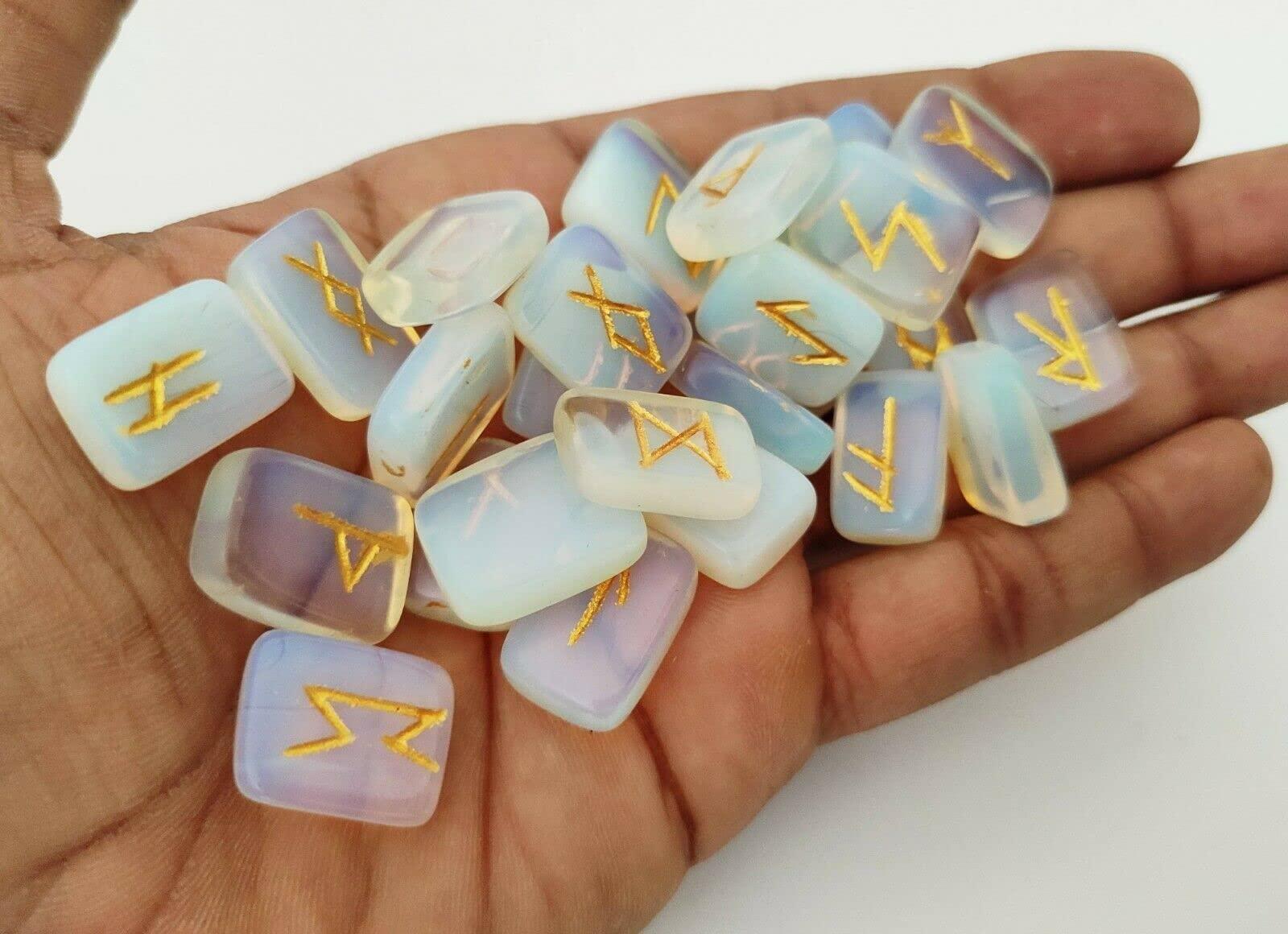 Nirdesh Nirdesh Milkey Opalite Runes Crystal Rune Stones Set Elder futhark Viking Gemstone Reiki Healing Golden Engraved Runic Alphabets with Pouch & Runic Symbol Chart Wooden