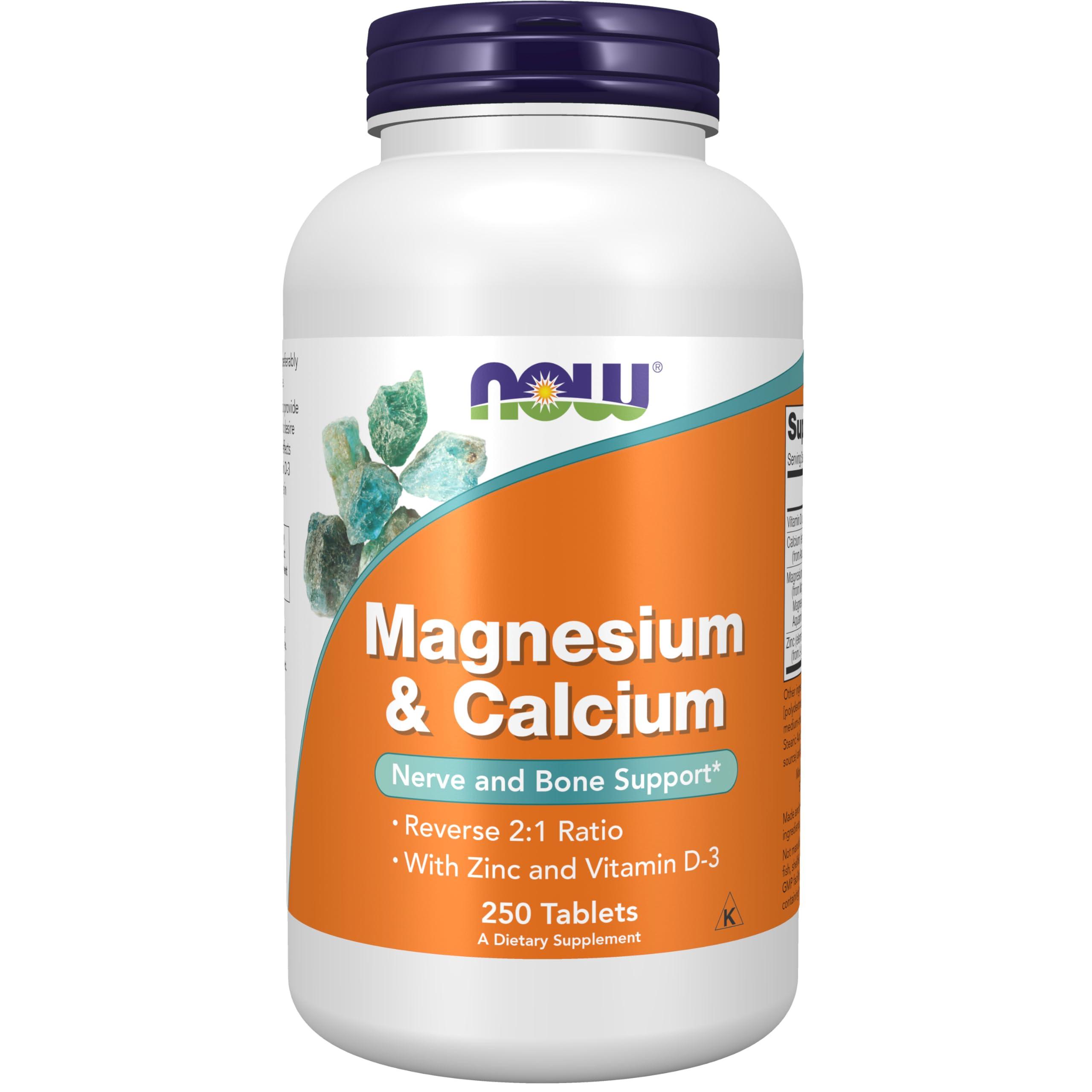 NOW NOW Supplements, Magnesium & Calcium, With Zinc and Vitamin D-3, Nerve and Bone Support*, 250 Tablets