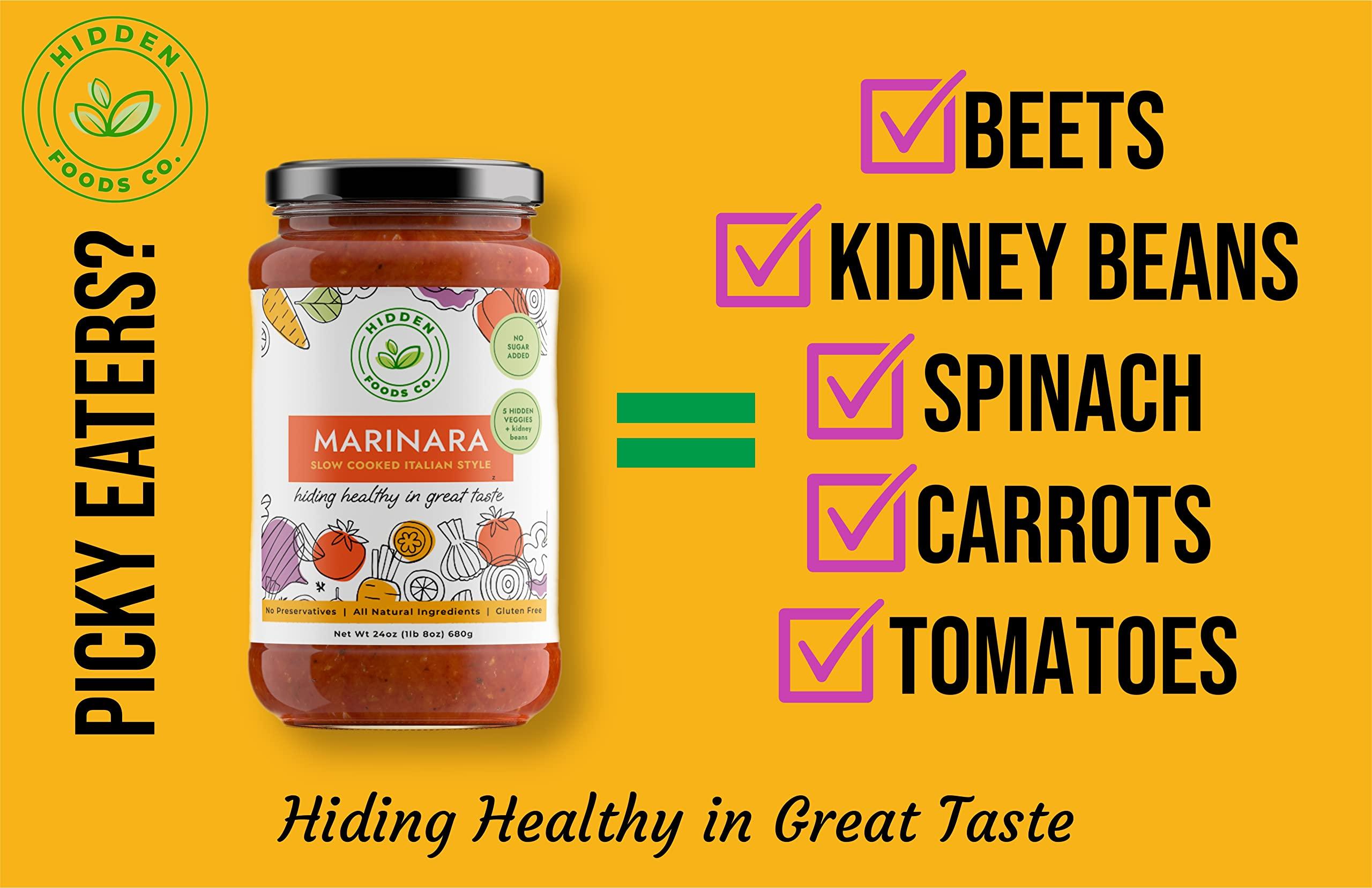 Hidden Foods Co. Hidden Foods Slow Cooked Marinara Sauce with Natural Vegetables, 24 oz. Jar, Low Carb and Low Sodium, No Sugar Added, Thick and Delicious Flavor for Pasta, Pizza, and Recipes