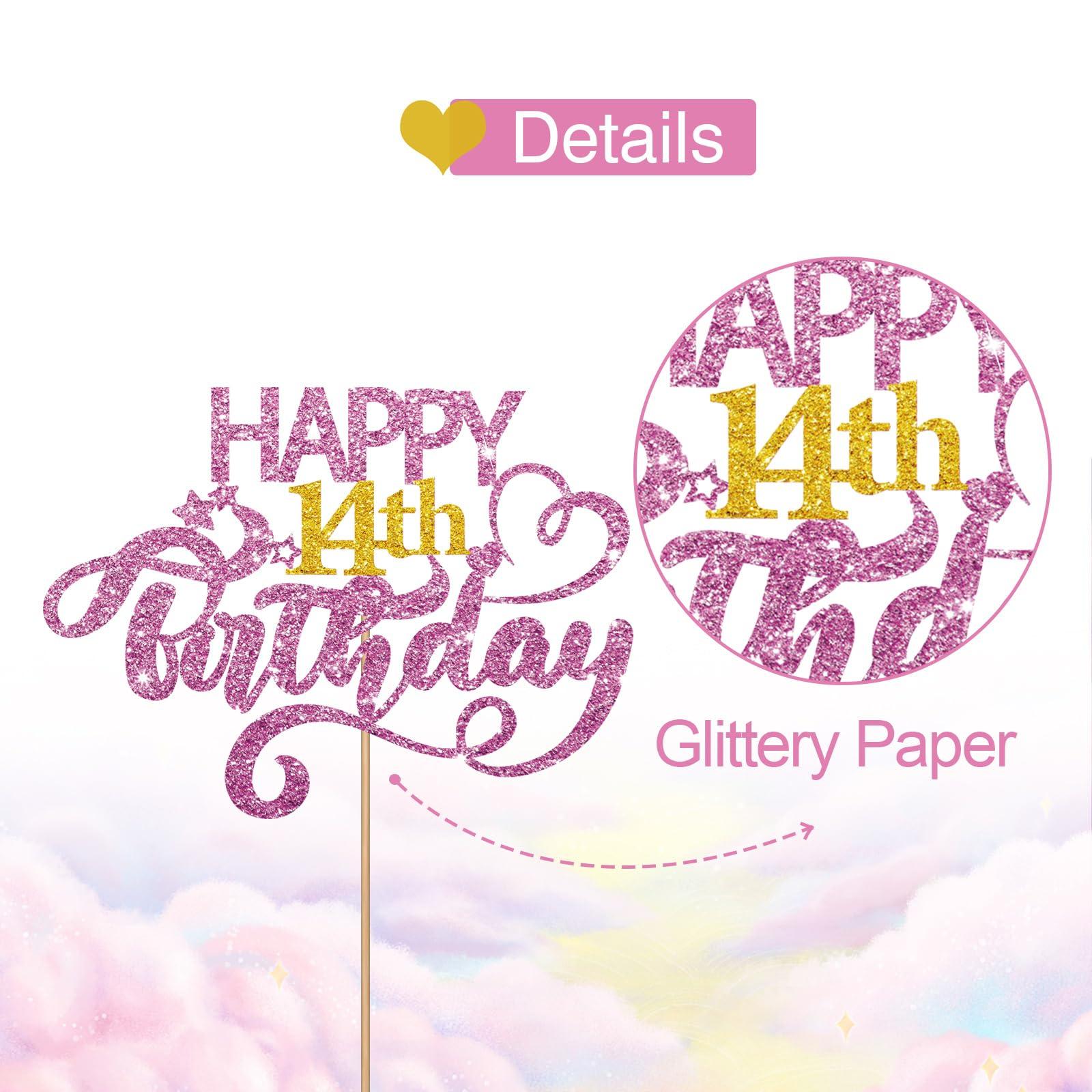 MINUET MINUTE Pink Glitter Happy 14th Birthday Cake Topper, Forteen Years Old Birthday Party Cake Decor, Gold Number 14 Birthday Party Supplies Decorations for Teen Girl or Teen Boy