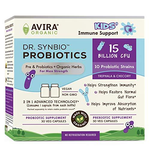 Avira Organic Dr. Synbio Kids’ Immune Support Probiotics & Organic Prebiotics – Triphala & Chicory, 10 Billion CFU & 10 Multiple Strains, Helps Restore Normal Gut Flora & Improve Absorption, Delayed Release