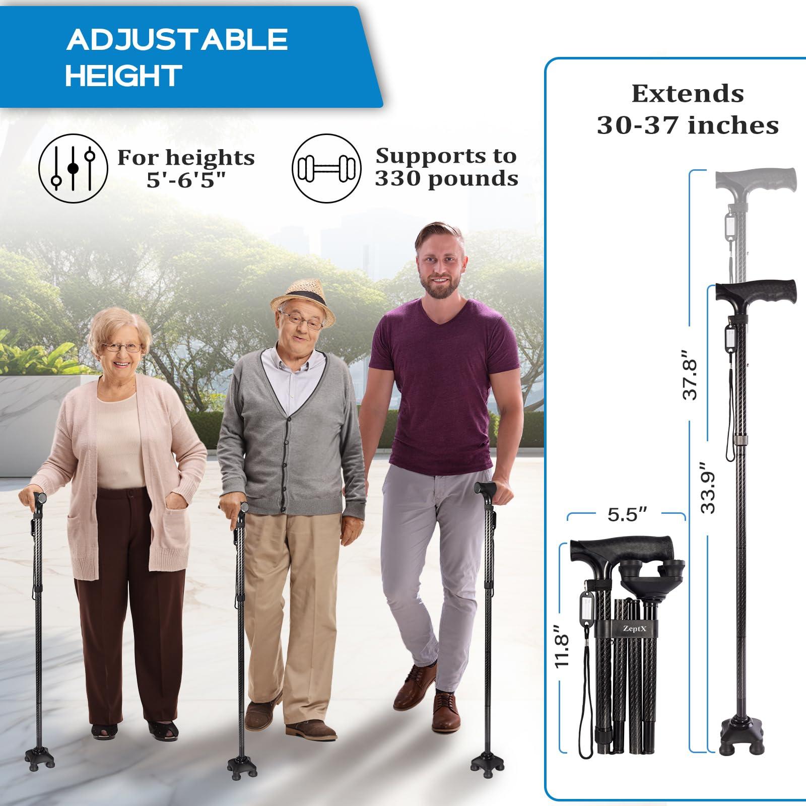 ZeptX ZeptX Folding Walking Quad Cane for Men and Women,Collapsible Ultra Lightweight Sturdy Height Adjustable Nonslip Rubber Tips Walking Canes,Collapsible Walking Sticks for Seniors & Adults [Black]
