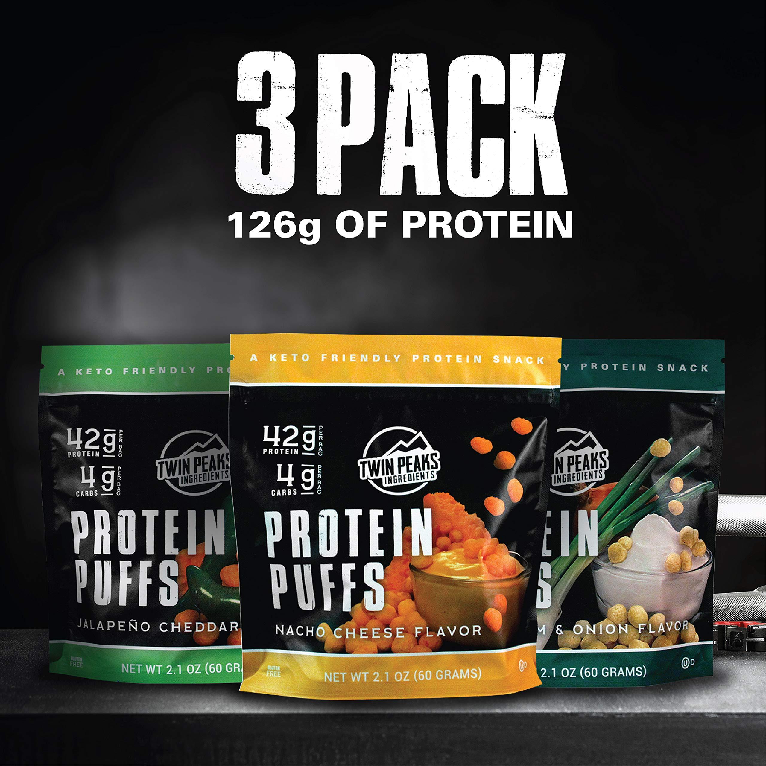 TWIN PEAKS INGREDIENTS Twin Peaks Low Carb, Keto Friendly Protein Puffs, 3 Bags of Assorted Flavor Puffs + 1 Jug Nacho Cheese Flavor Puffs