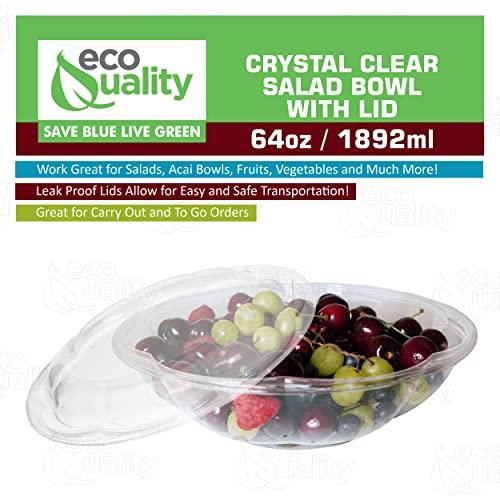 EcoQuality 64oz Salad Bowls To-Go with Lids - Crystal Clear Plastic Disposable Wide Salad Containers | Airtight, Lunch, Salads, Parfait, Fruits, Leak Proof, Airtight, Fresh, Meal Prep | Rose Bowl Container (75)
