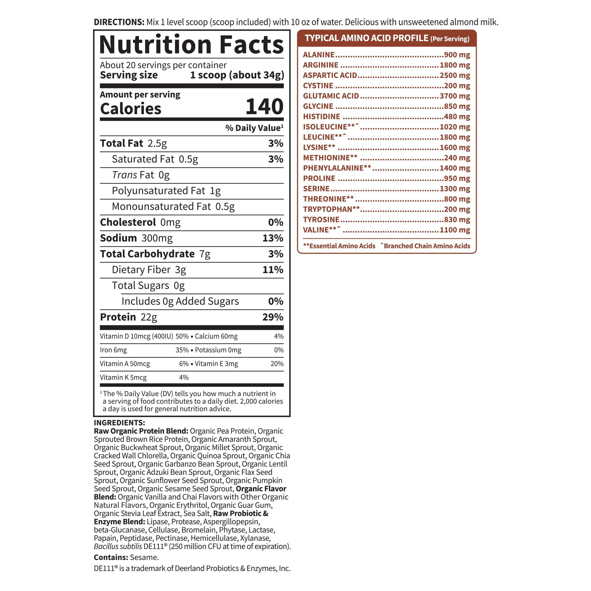 Garden of Life Garden of Life Raw Organic Protein Vanilla Chai Powder, 20 Servings, Certified Vegan, Gluten Free, Organic & Non-GMO, Plant Based Sugar Free Protein Shake, Probiotics & Enzymes, 4g BCAAs, 22g Protein