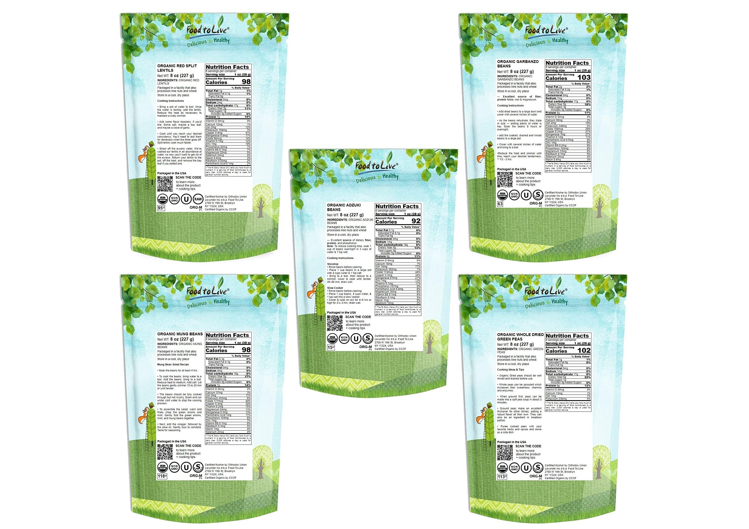 Food to Live Food to Live Organic Sprouting Beans, Peas, and Lentils in a Gift Box - Mung Beans, Adzuki Beans, Red Lentils, Chickpeas and Green Peas, Non-GMO, Kosher