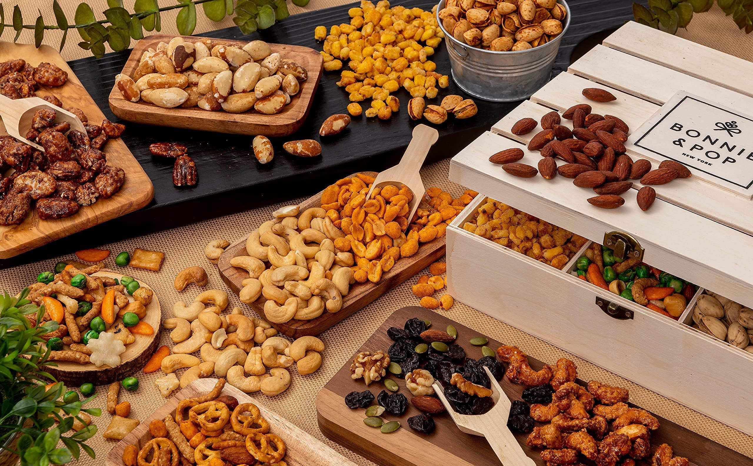 BONNIE AND POP Nut Gift Basket | Healthy Valentines Day Gift of Assorted Nuts in Reusable Wood Crate | Large Variety Tray with Unique Flavors | Parties, Holidays, Birthday, Sympathy, Office, Thank You, Him, Her | Bonnie & Pop