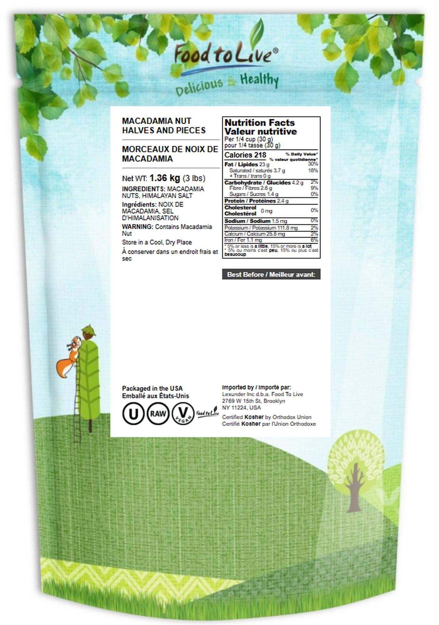 Food to Live Food to Live Macadamia Nut Halves & Pieces, 3 Pounds Raw, Shelled, Unsalted, Kosher, Vegan, Bulk. Keto Snack. Good Source of Healthy Fats. Great for Baking, and as Topping for Salads, Yogurt.