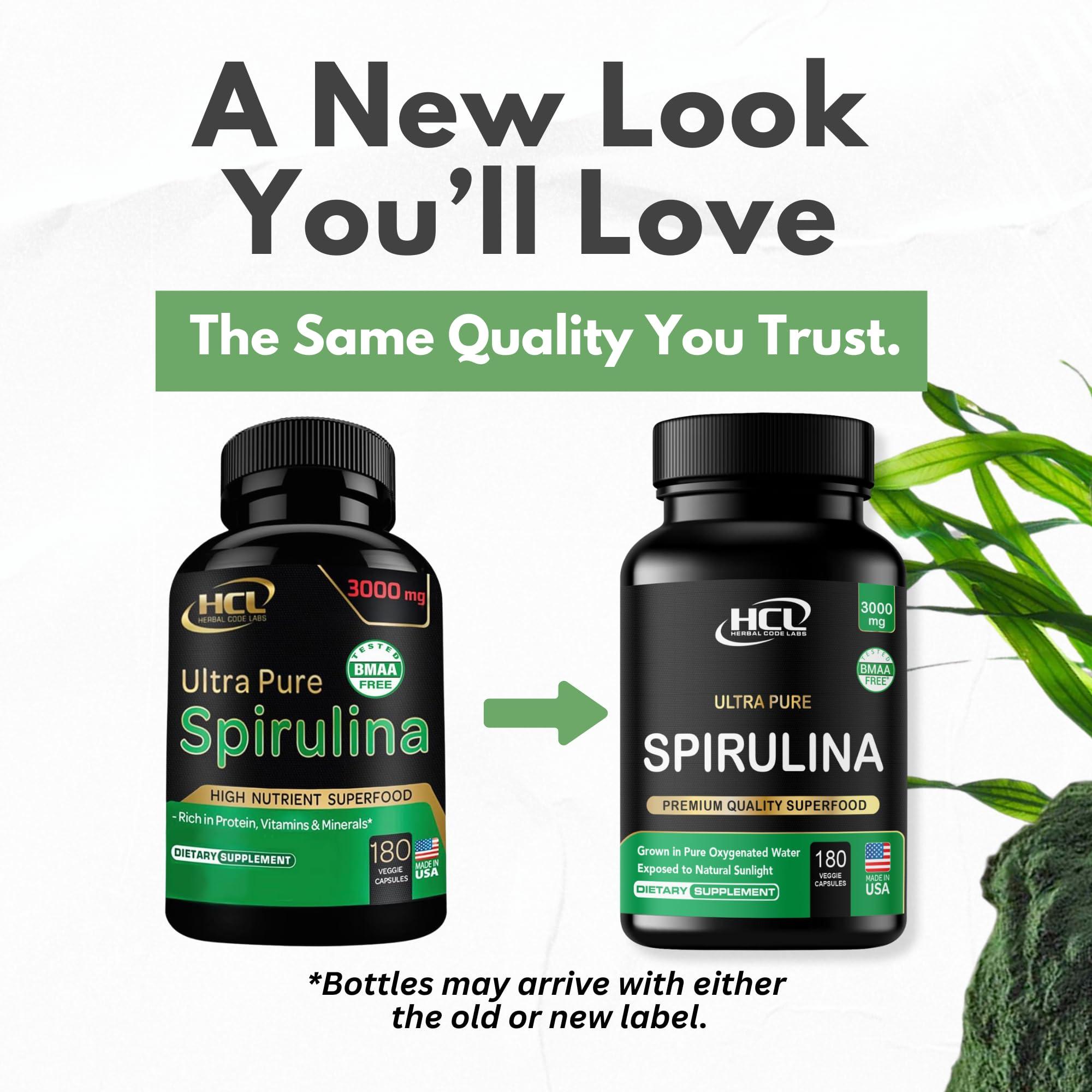 HCL HERBAL CODE LABS Organic Spirulina Powder Capsules 3000 mg - Purest Non-Irradiated Blue Green Algae - Best Raw Vegan Protein - Green Superfood - Natural Multivitamins – 180 Pills Made in The USA