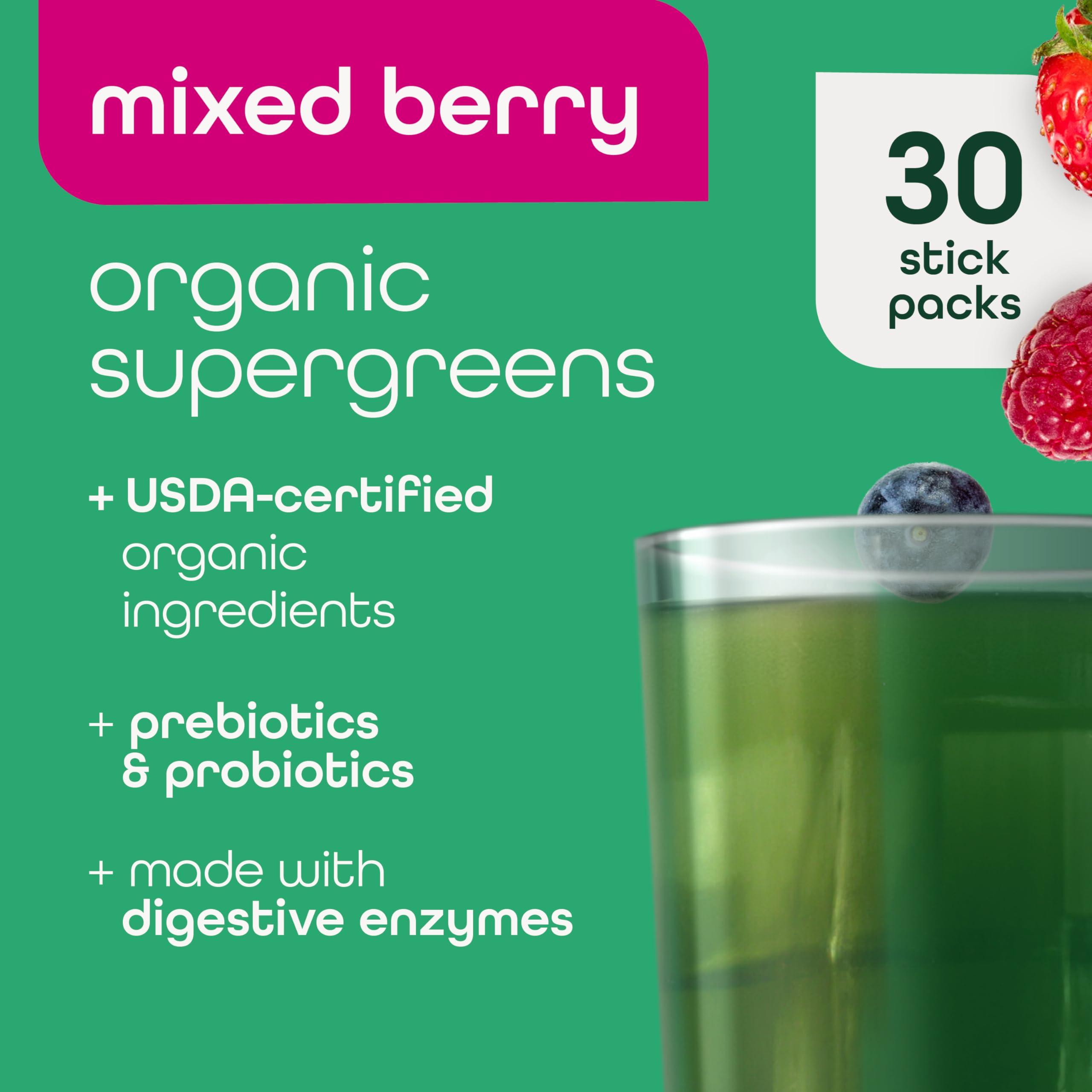 Zena Fit Nutrition Zena Organic Super Greens Powder, 70+ Superfoods Drink Mix, 0 Sugar, 3G Fiber, Fruits, Veggies, Spirulina, Chlorella, Antioxidants, Pre & Probiotics, Digestive Enzymes, Mixed Berry Flavor, 30 Packets