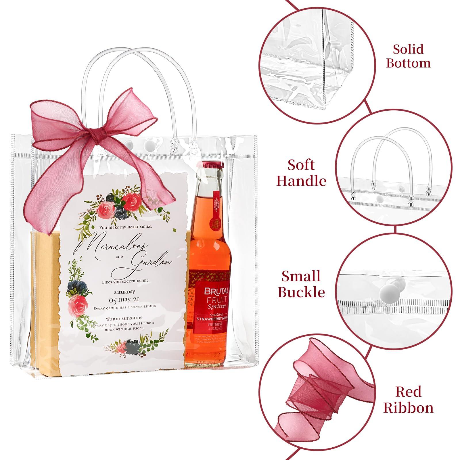Jutieuo Jutieuo 20 Pack Clear Plastic Gift Bags with Handle, 9.84\" x 9.84\" x 3.54\", Reusable Transparent PVC Gift Wrap Tote Bags Bulk with Ribbons for Wedding, Baby Shower, Birthday Party Favor Bags