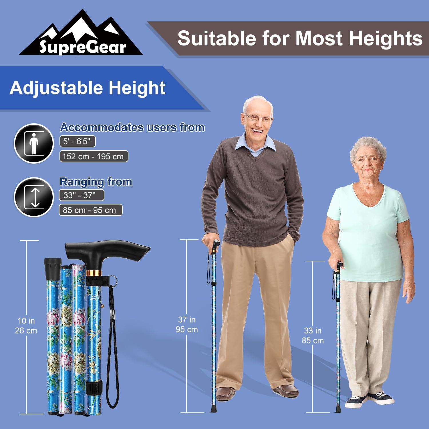 supregear supregear Folding Cane, 5-Level Adjustable Height Walking Stick Lightweight Portable Cane Travel Cane with Wrist Strap and T Handle for Elderly Disabled Men Women