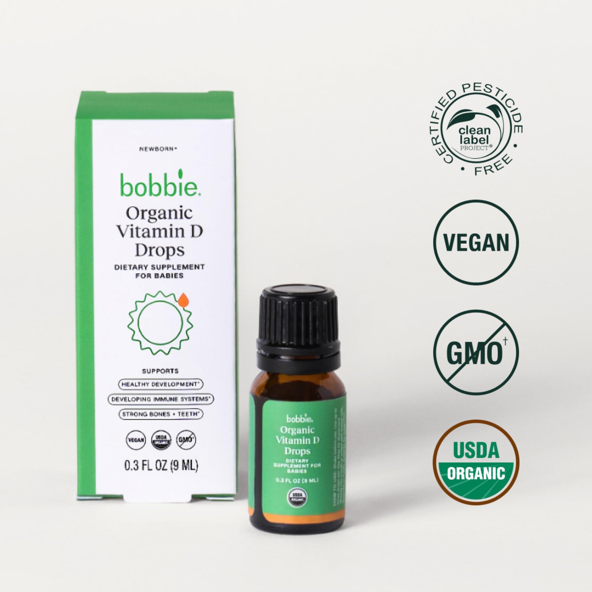 Bobbie Bobbie Organic Baby Vitamin D Drops, Daily Liquid Supplement to Support Development, Immune Health and Strong Teeth and Bones* in Newborn Babies and Infants, Vegan, Infant Vitamin D, 400 IU, 0.3 fl oz