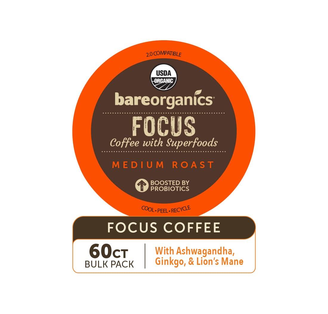 BareOrganics BareOrganics Focus Coffee Pods With Superfoods & Probiotics | Keurig K-Cup Compatible | USDA Certified Organic, Vegan, Non-GMO & Recyclable Single Serve 10ct (Pack of 6)