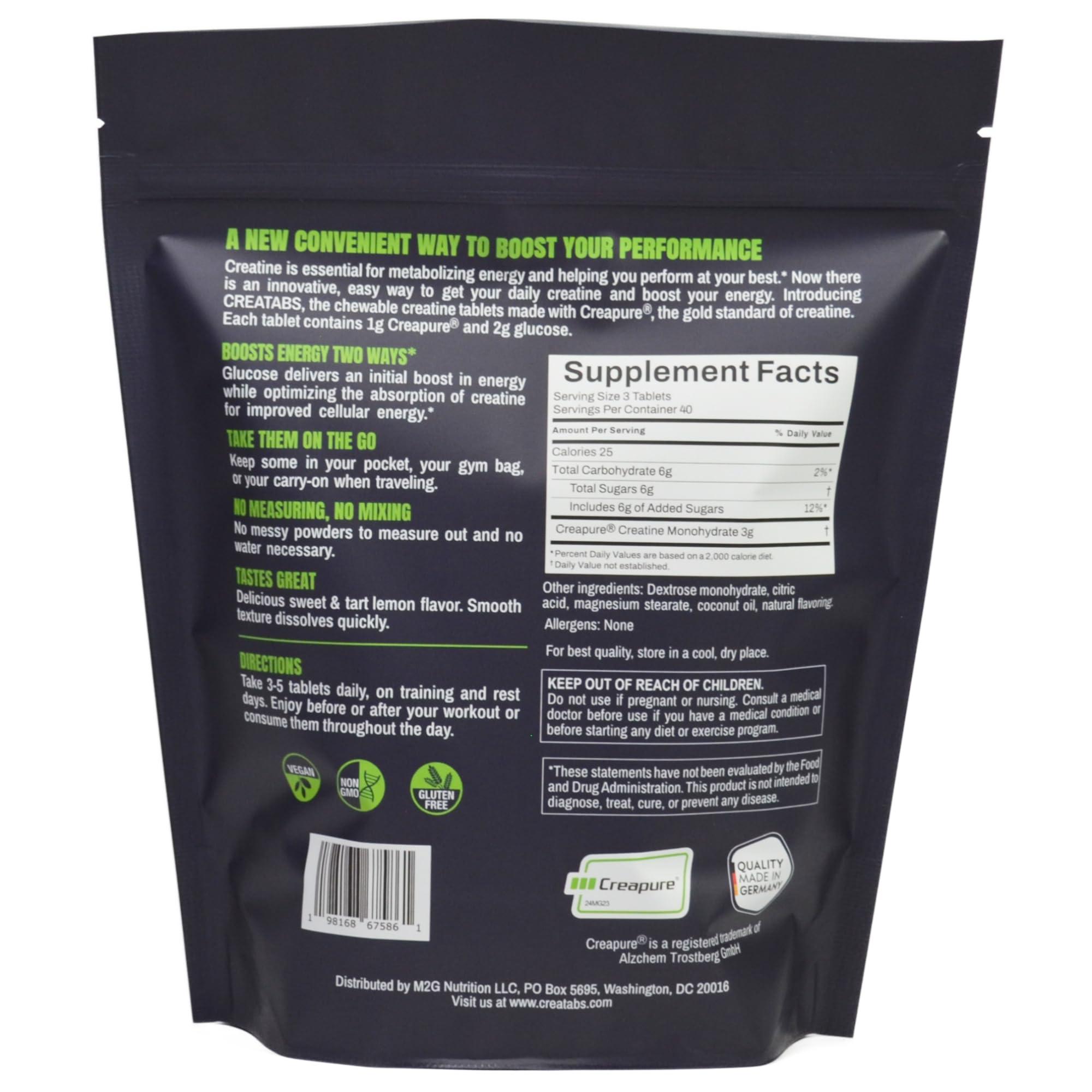 M2G Nutrition M2G Nutrition CREATABS, Creapure Creatine, 120 Chewable Tabs, Natural Lemon Flavor