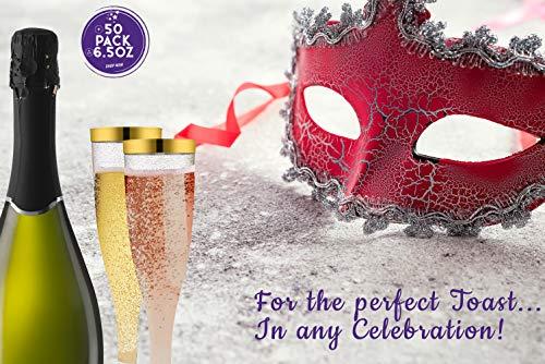TasteOfQuality 50 Gold Rimmed Sparkle Plastic Champagne Flutes, Gold Glitter, 6.5 Oz Reusable Heavy Duty Wine Glass, Clear Plastic Toasting Glasses, Disposable Plastic Wine Glasses, cups for Bachelorette Party.